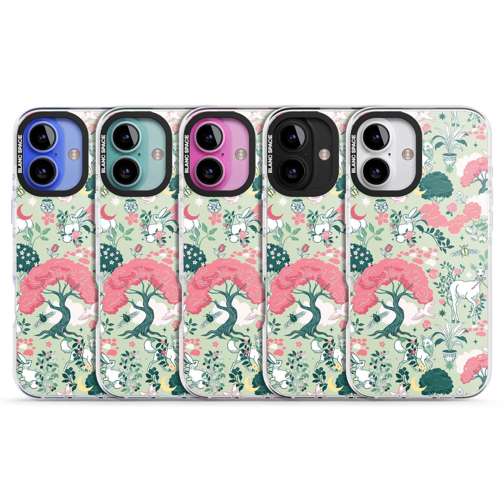 Enchanted Woodland cottagecore iPhone case featuring white deer, pink roses, mushrooms and woodland animals on sage green | Impact Magsafe case for iPhone 16, iPhone 16 Plus