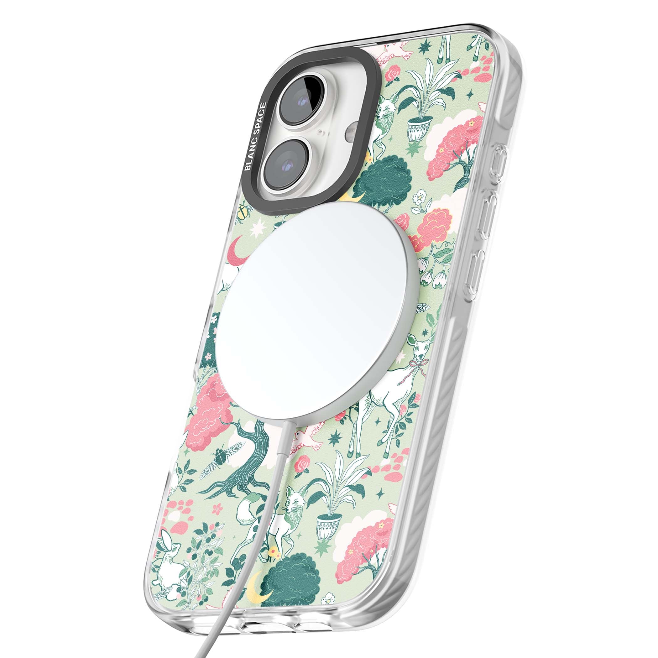 Enchanted Woodland cottagecore iPhone case featuring white deer, pink roses, mushrooms and woodland animals on sage green | Impact Magsafe case for iPhone 16, iPhone 16 Plus