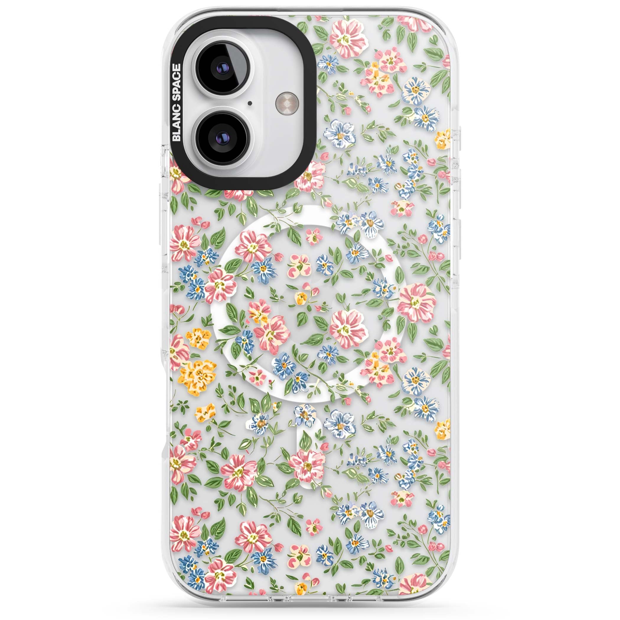 Soft Meadow cottagecore iPhone case featuring pink cosmos, blue forget-me-nots, yellow buttercups and green leaves sca | Impact Magsafe case for iPhone 16, iPhone 16 Plus