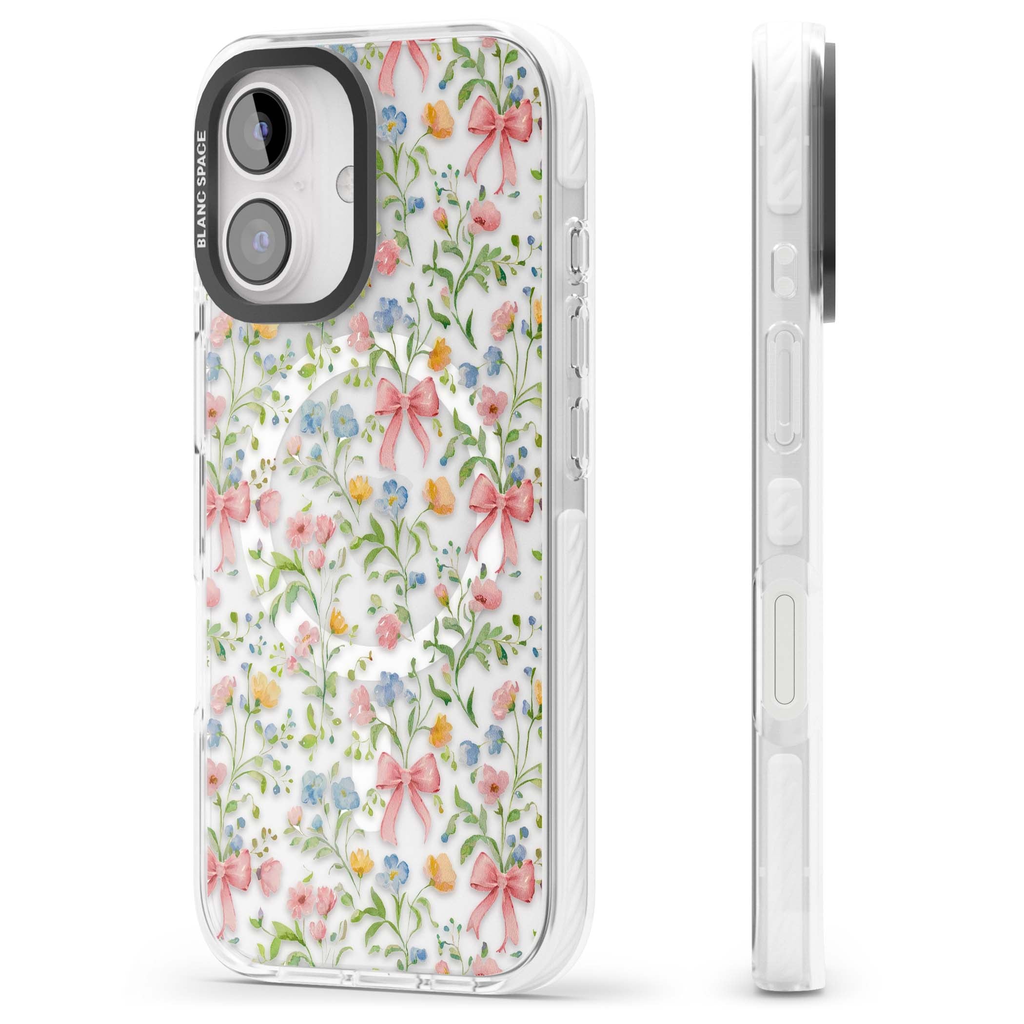 Ribbons & Wildflowers cottagecore iPhone case featuring watercolor wildflowers, pink satin bows, and delicate spring blooms o | Impact Magsafe case for iPhone 16, iPhone 16 Plus