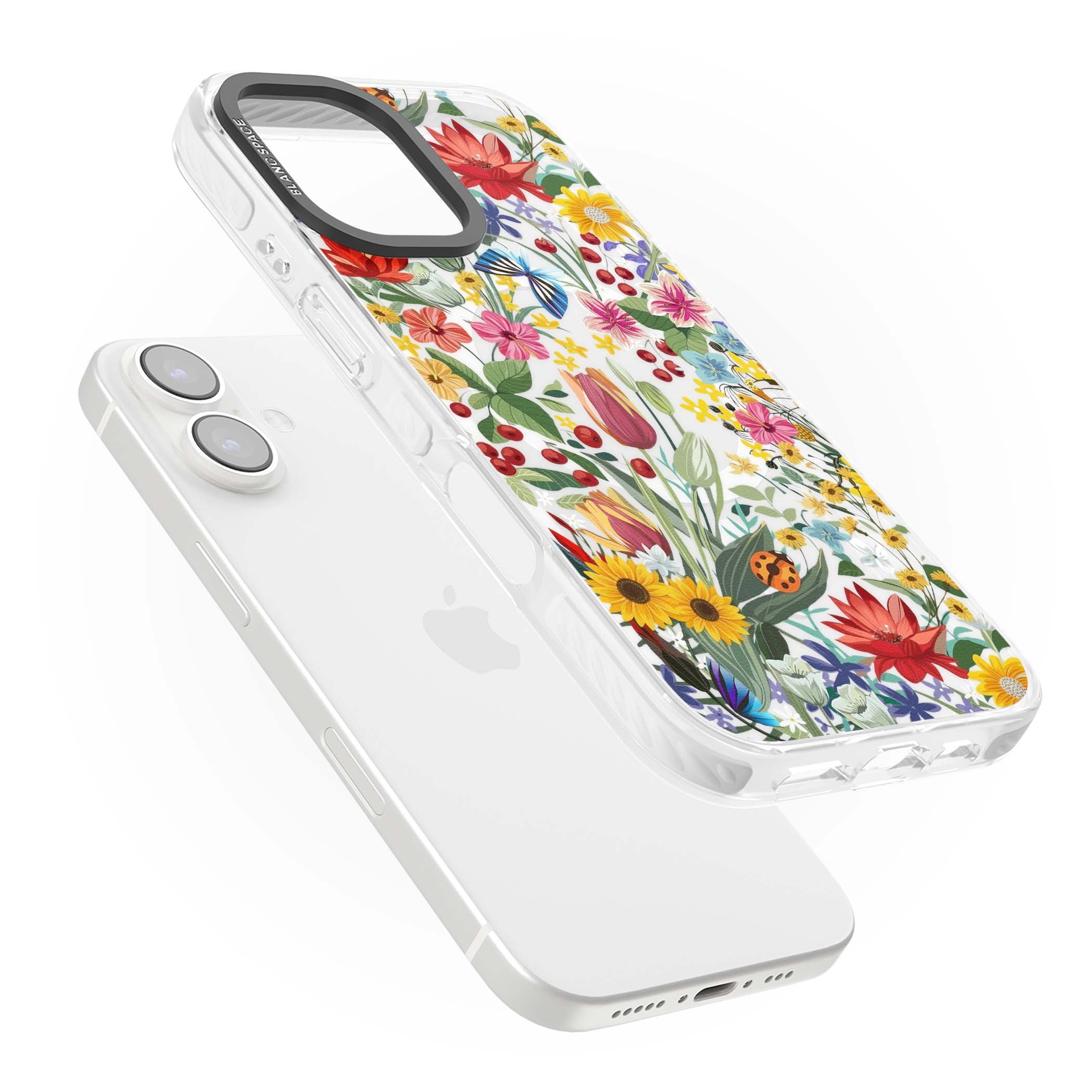 Botanical Bloom cottagecore iPhone case featuring colorful wildflowers, sunflowers, and ladybugs on clear background | Impact Magsafe case for iPhone 16, iPhone 16 Plus