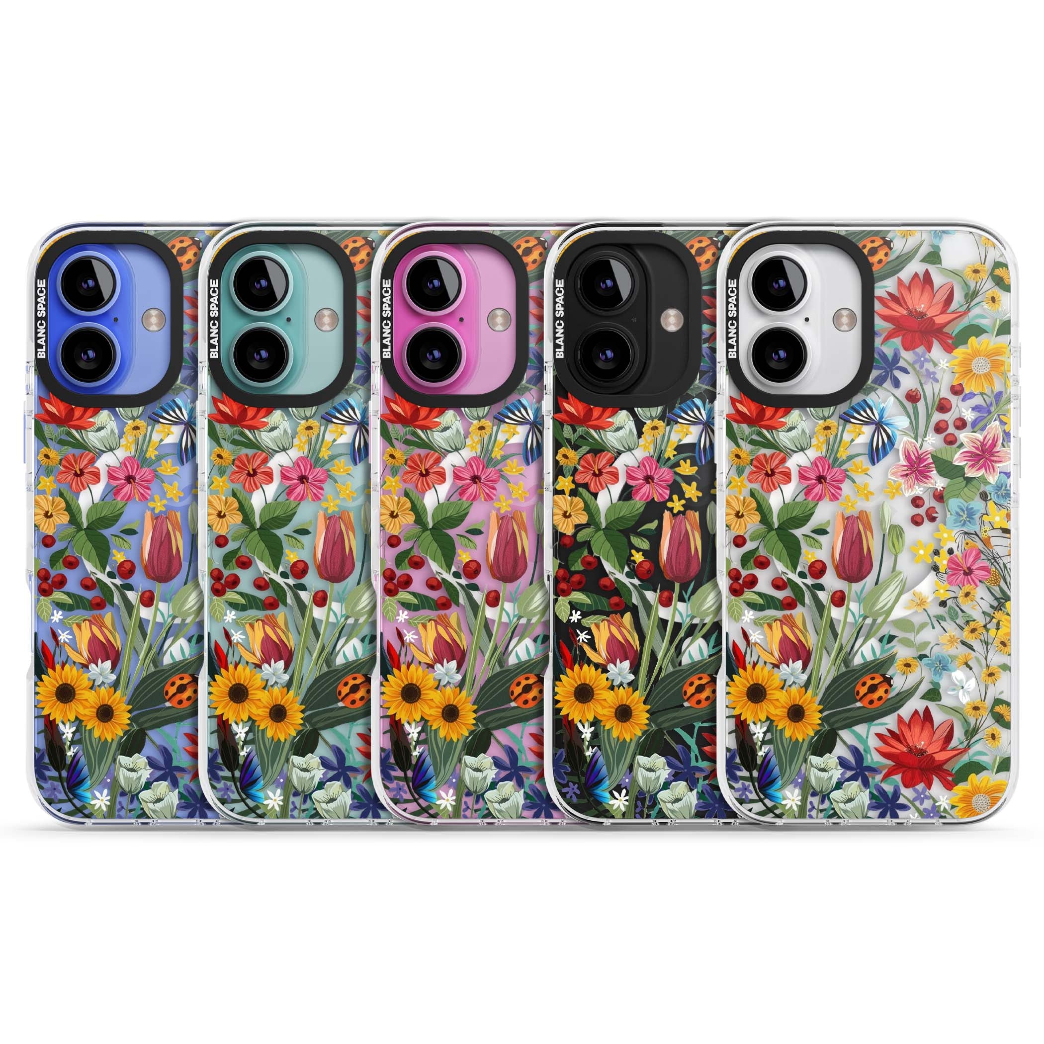 Botanical Bloom cottagecore iPhone case featuring colorful wildflowers, sunflowers, and ladybugs on clear background | Impact Magsafe case for iPhone 16, iPhone 16 Plus