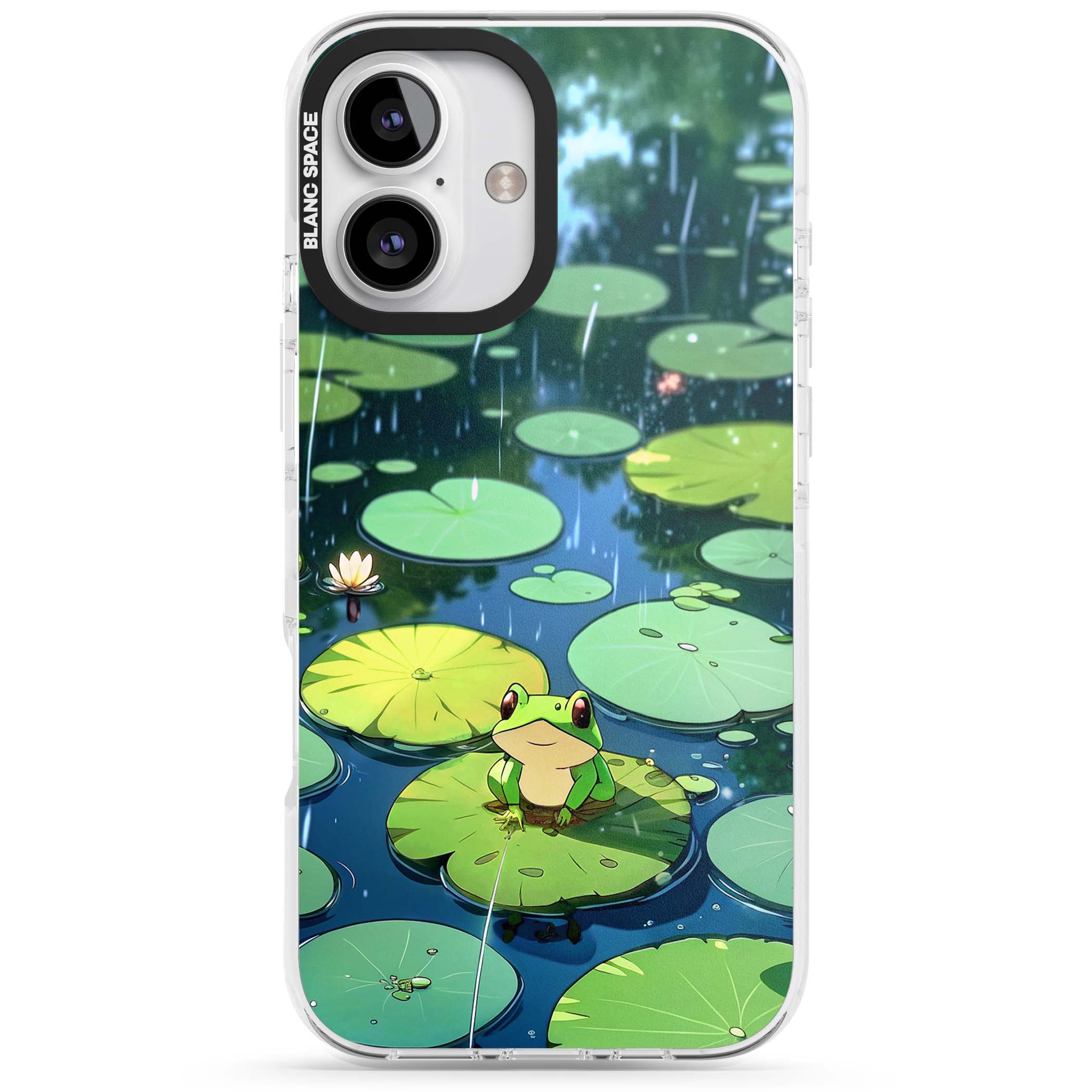 Frog In Lily Pond cottagecore iPhone case featuring a cute green frog on a lily pad with falling rain and a lotus flower | Impact Magsafe case for iPhone 16, iPhone 16 Plus