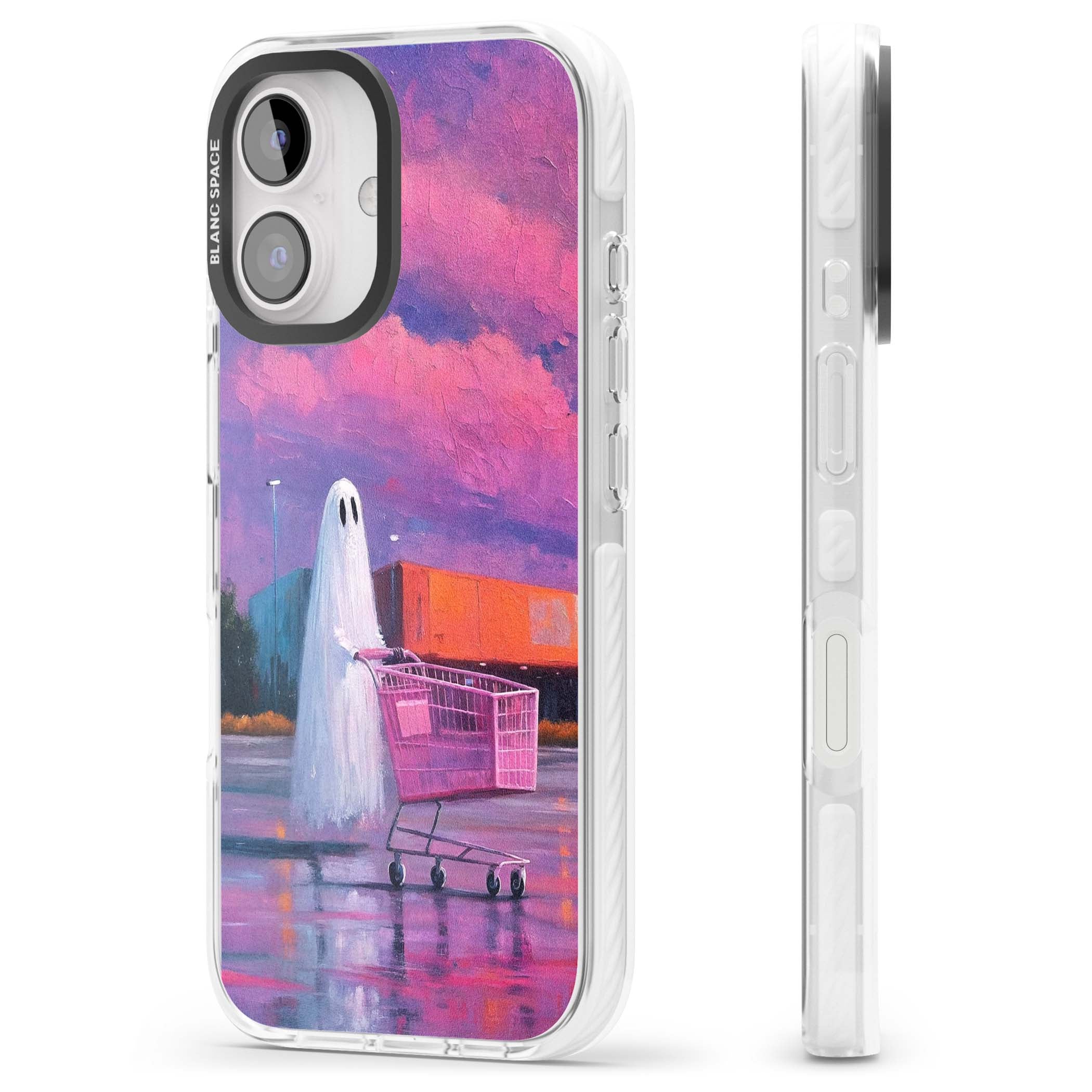 A Ghost's Errand ghost halloween iPhone case featuring a painted ghost, pink shopping trolley and purple sunset sky | Impact Magsafe case for iPhone 16, iPhone 16 Plus