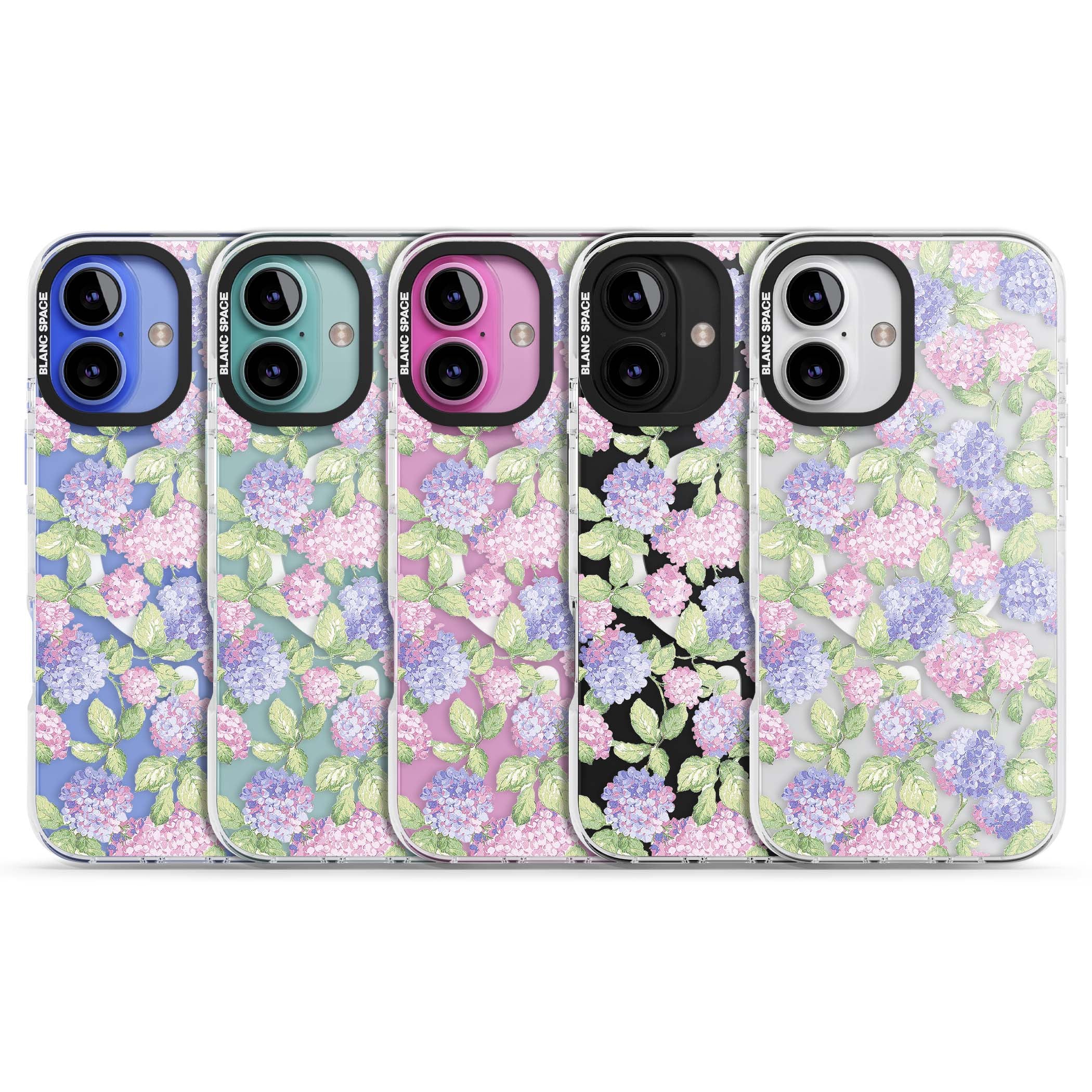 Cottage Hydrangea cottagecore iPhone case featuring pink and purple hydrangea blooms with green leaves on a clear background | Impact Magsafe case for iPhone 16, iPhone 16 Plus