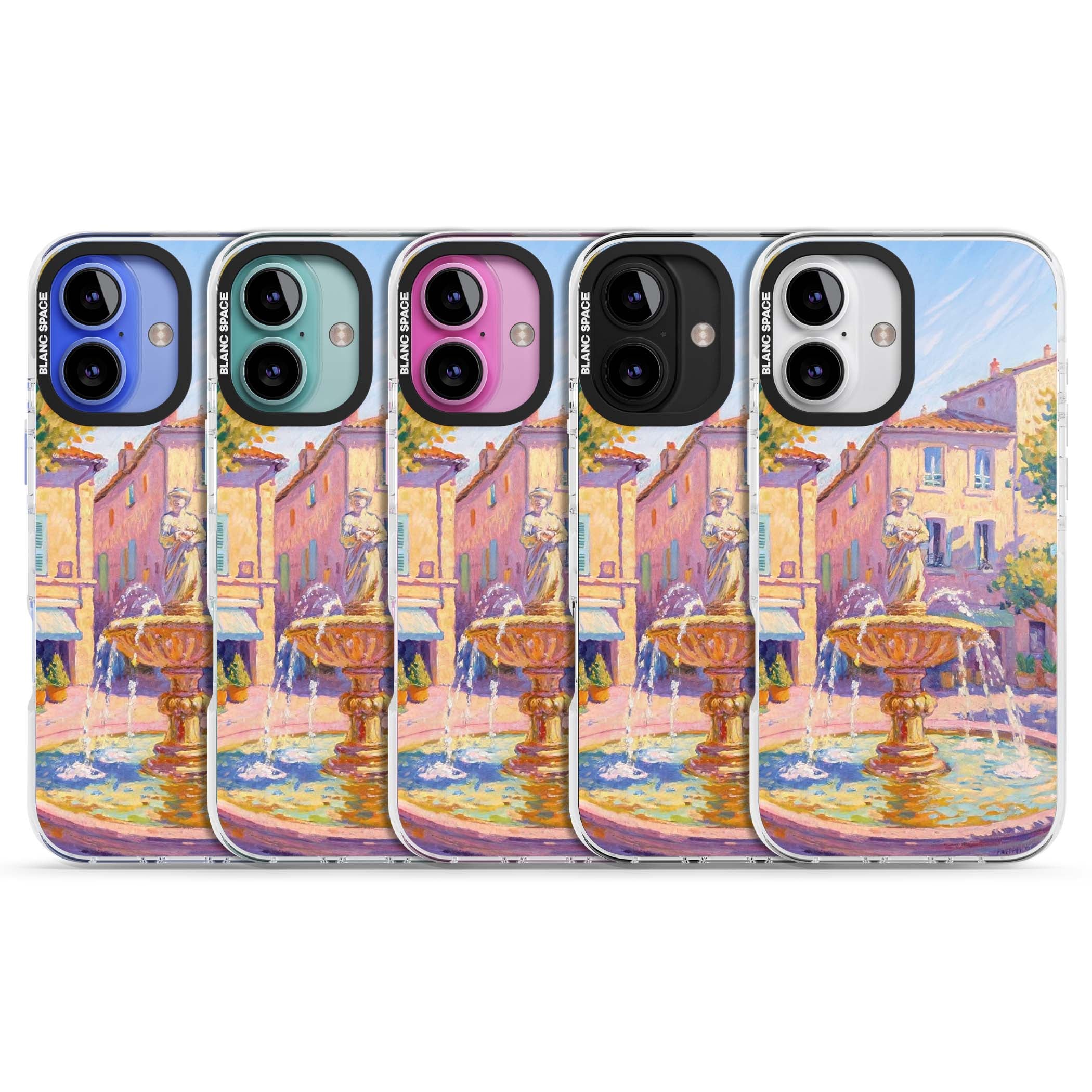 Fountain Square fine art iPhone case featuring an impressionist Provençal fountain, pastel village buildings and summe | Impact Magsafe case for iPhone 16, iPhone 16 Plus