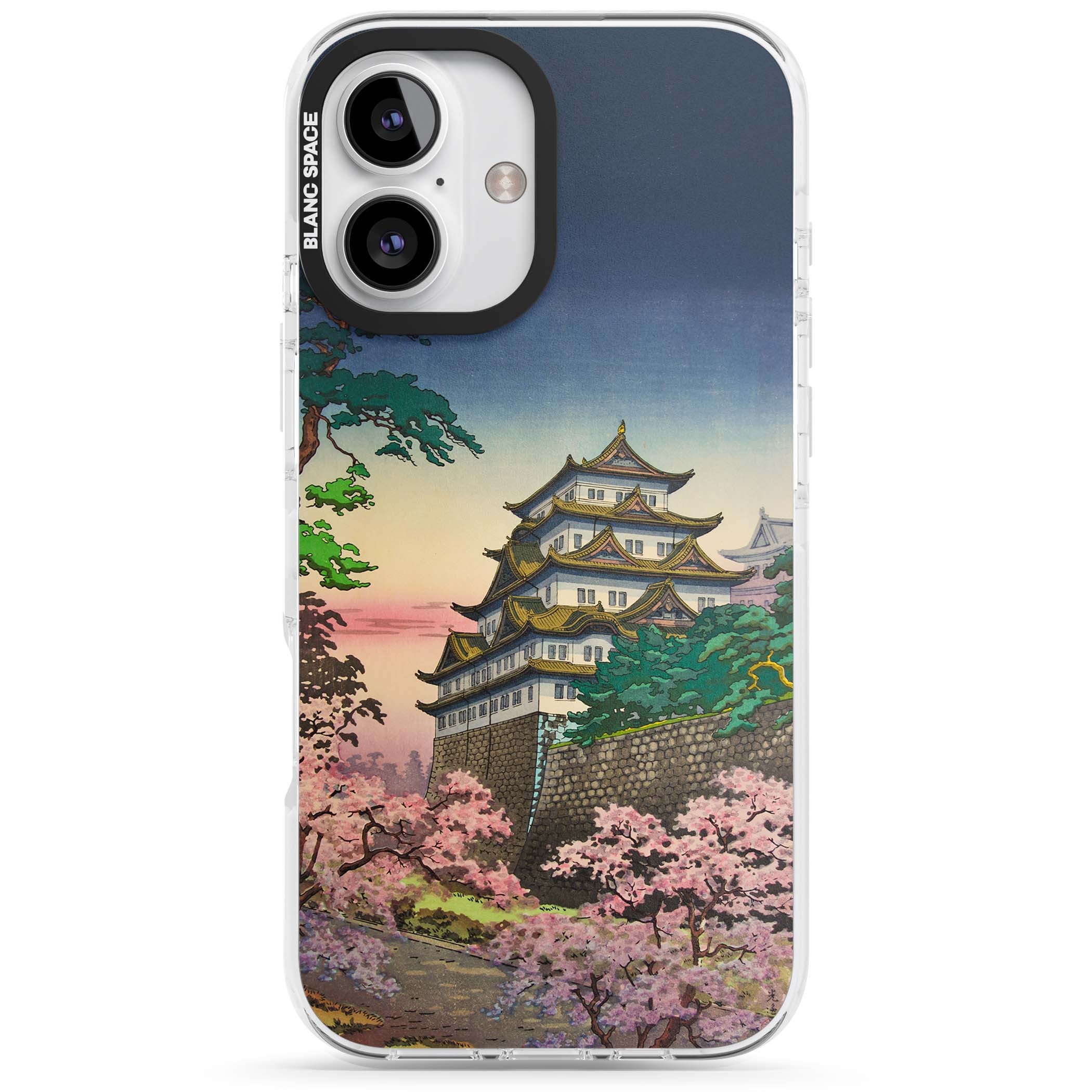 Nagoya Castle Japanese iPhone case featuring a vintage pagoda, twilight sky and cherry blossom trees | Impact Magsafe case for iPhone 16, iPhone 16 Plus