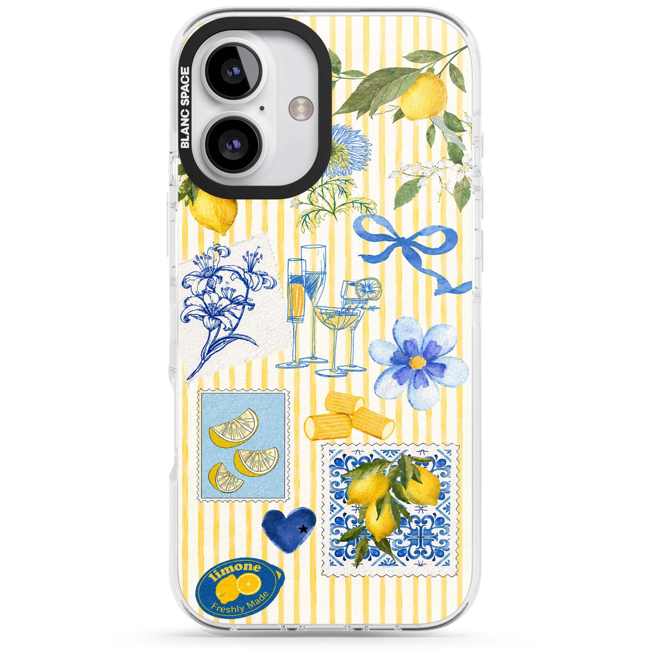 Limone Riviera Italian summer iPhone case featuring watercolour lemons, blue ribbon bows and majolica tile stamps on... | Impact Magsafe case for iPhone 16, iPhone 16 Plus