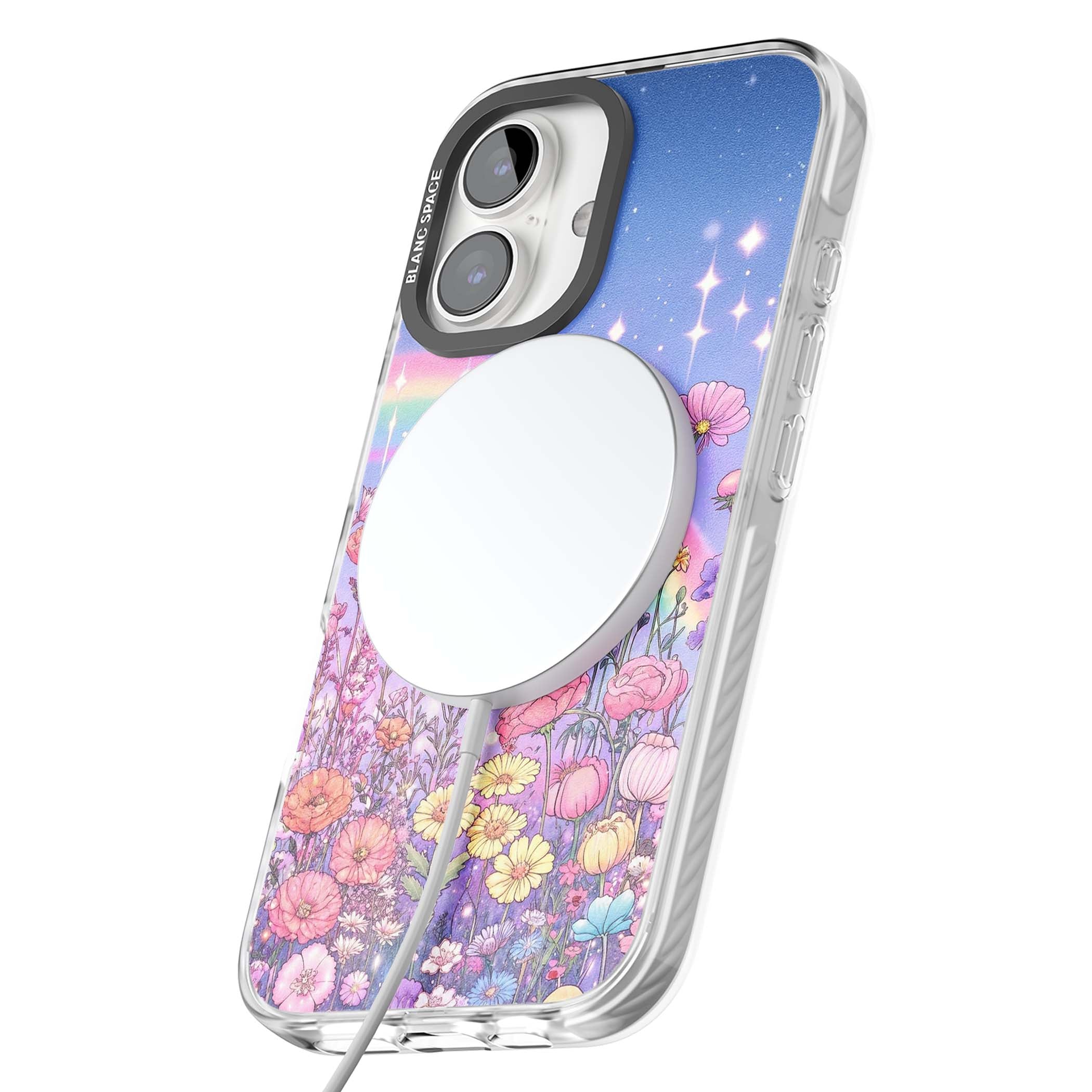 Magical Meadow fairycore iPhone case featuring a pastel rainbow, sparkling stars and a wildflower meadow | Impact Magsafe case for iPhone 16, iPhone 16 Plus