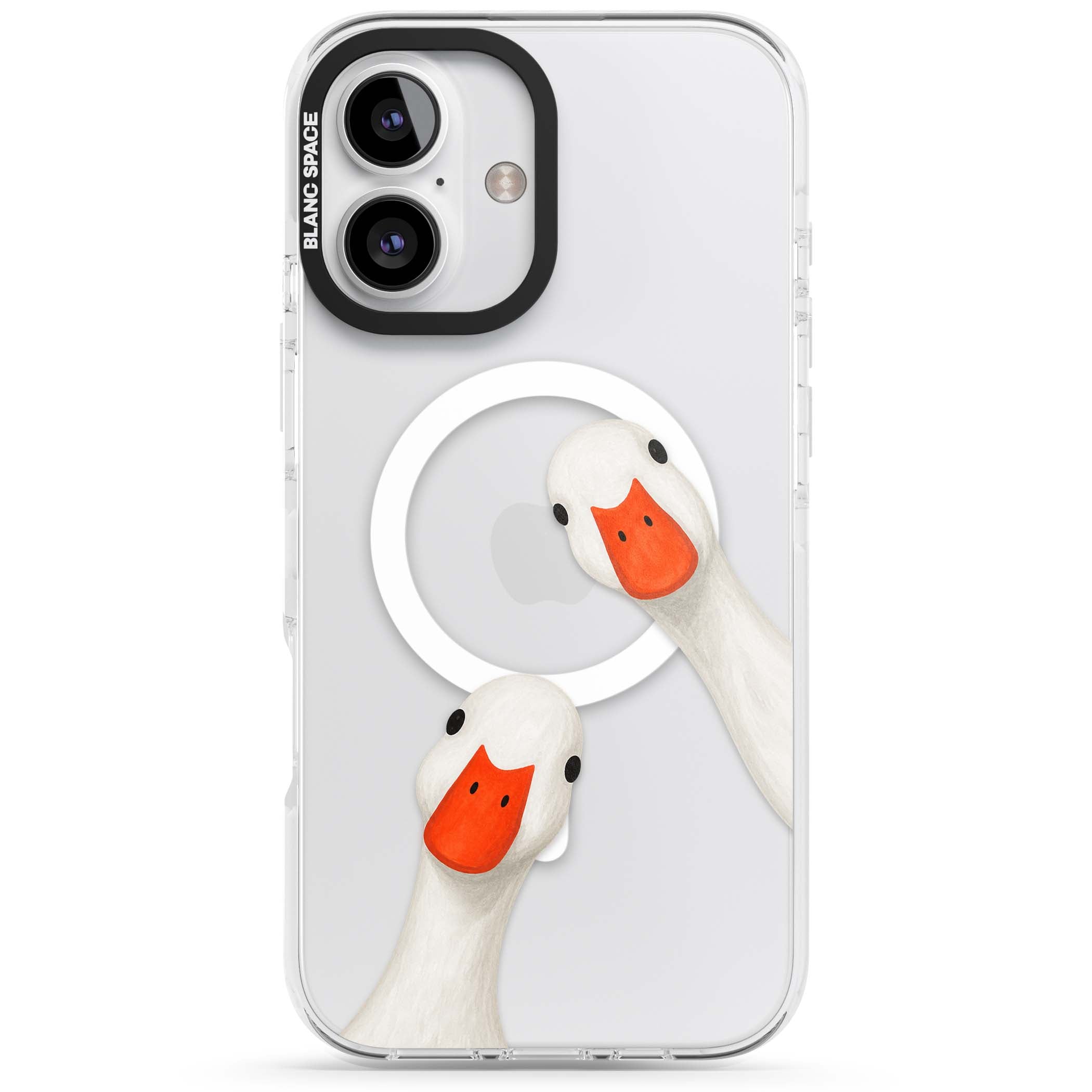 Nosy Ducks cottagecore iPhone case featuring two peeking white ducks with orange beaks on a clear background | Impact Magsafe case for iPhone 16, iPhone 16 Plus