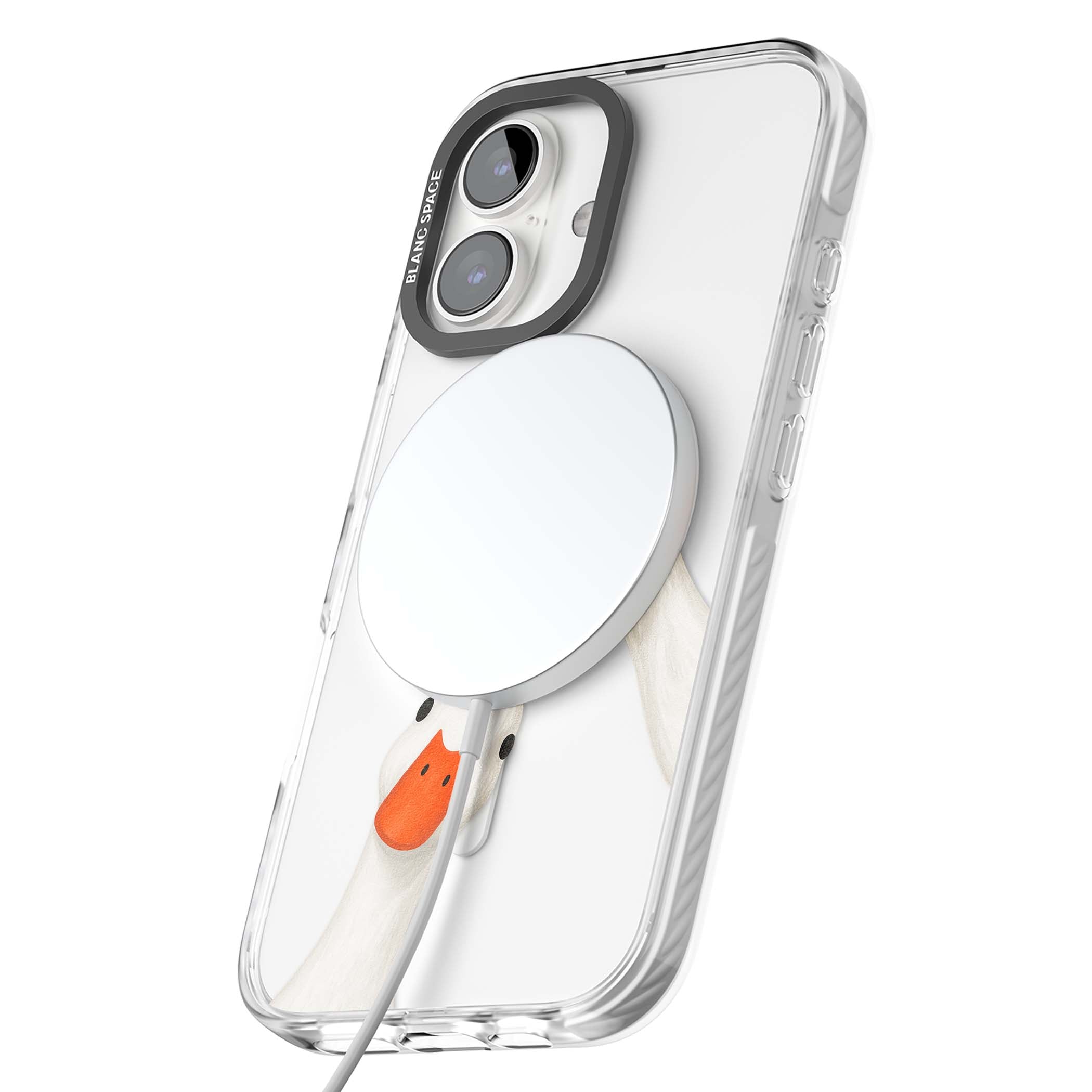 Nosy Ducks cottagecore iPhone case featuring two peeking white ducks with orange beaks on a clear background | Impact Magsafe case for iPhone 16, iPhone 16 Plus