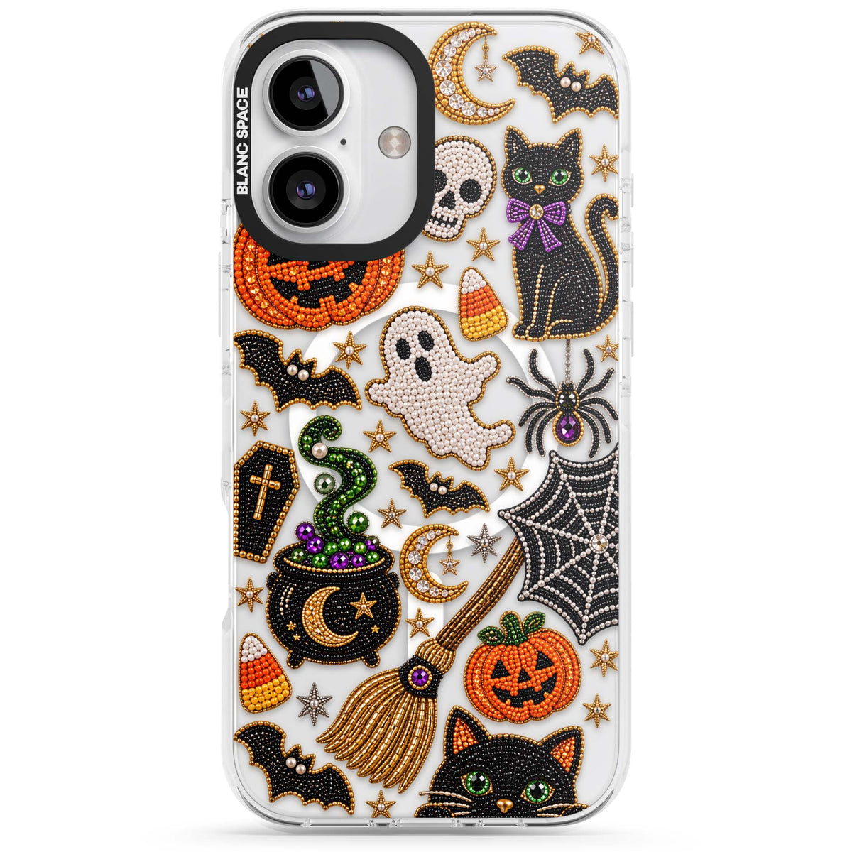 Beaded Halloween Halloween iPhone case featuring beaded pumpkins, ghosts, black cats and bats | Impact Magsafe case for iPhone 16, iPhone 16 Plus