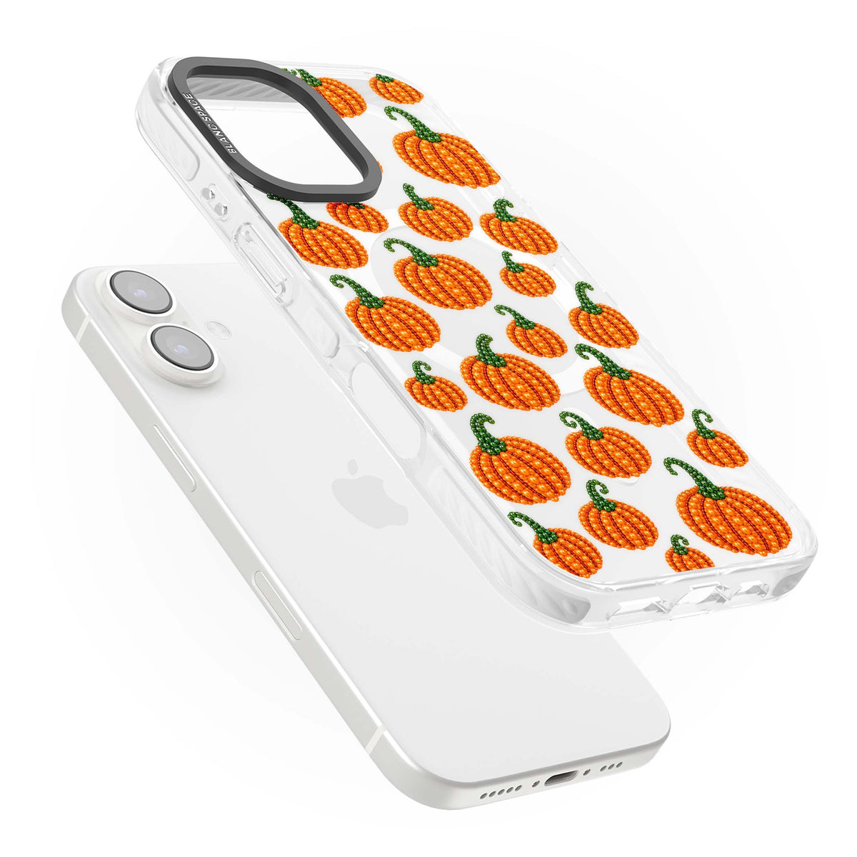 Beaded Pumpkins halloween iPhone case featuring beaded orange pumpkins with green stems on a clear background | Impact Magsafe case for iPhone 16, iPhone 16 Plus