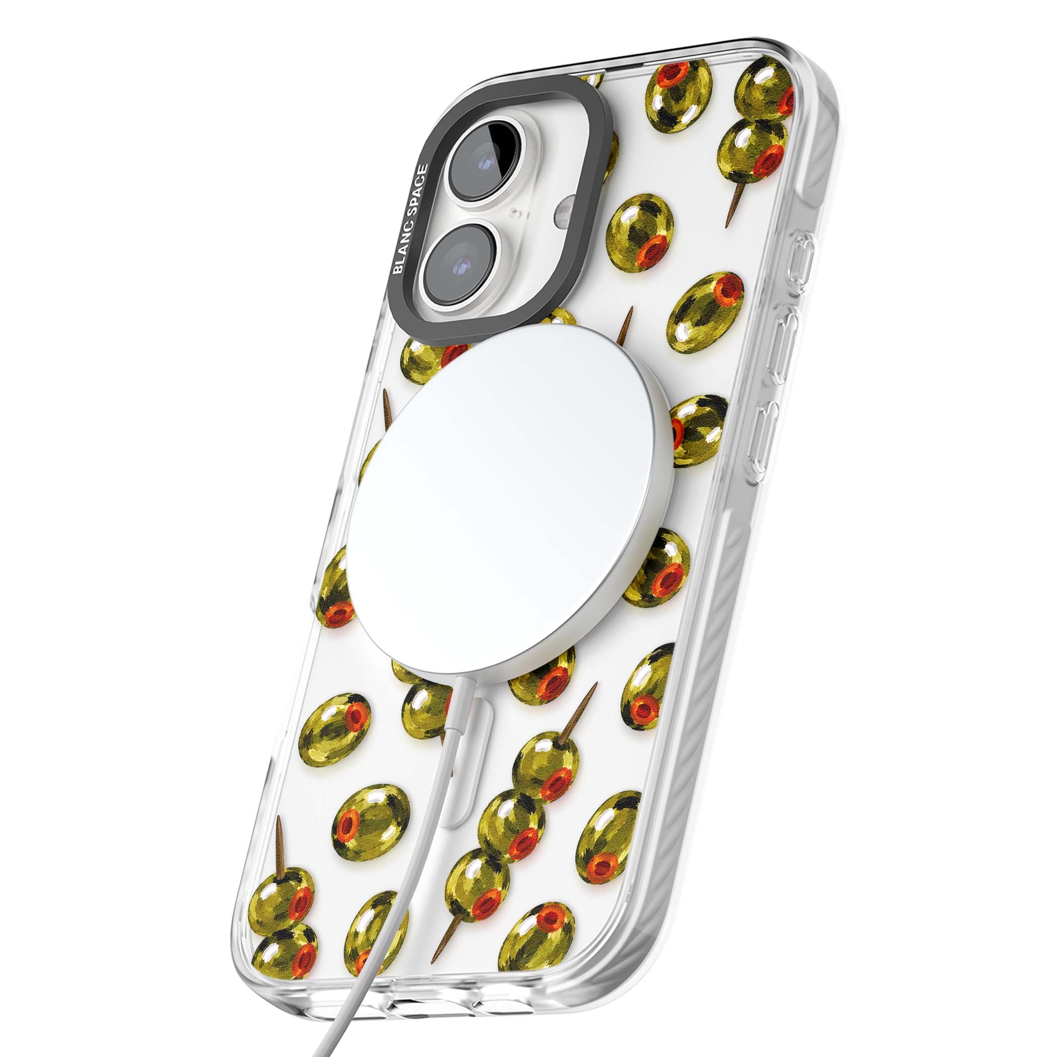Painted Olives cocktail iPhone case featuring green olives, pimento centres and toothpick skewers on a clear background | Impact Magsafe case for iPhone 16, iPhone 16 Plus