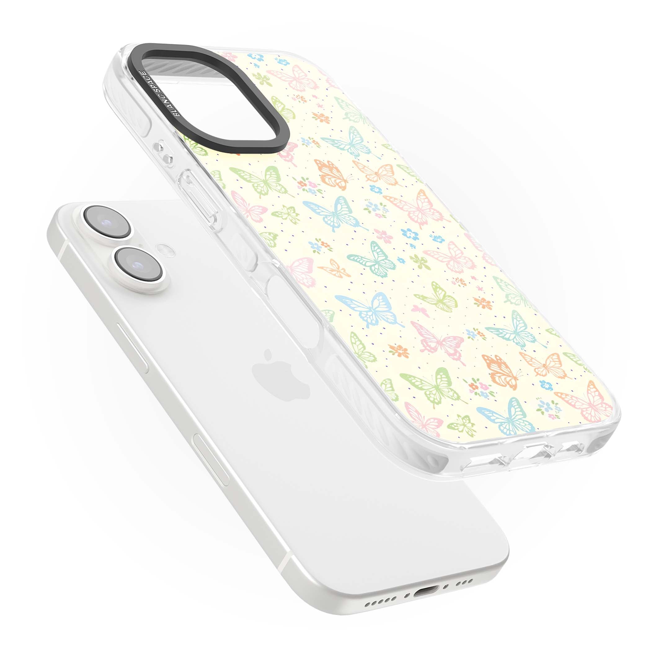 Sugar Wings cottagecore iPhone case featuring rainbow pastel butterflies, tiny wildflowers, and a cream background | Impact Magsafe case for iPhone 16, iPhone 16 Plus