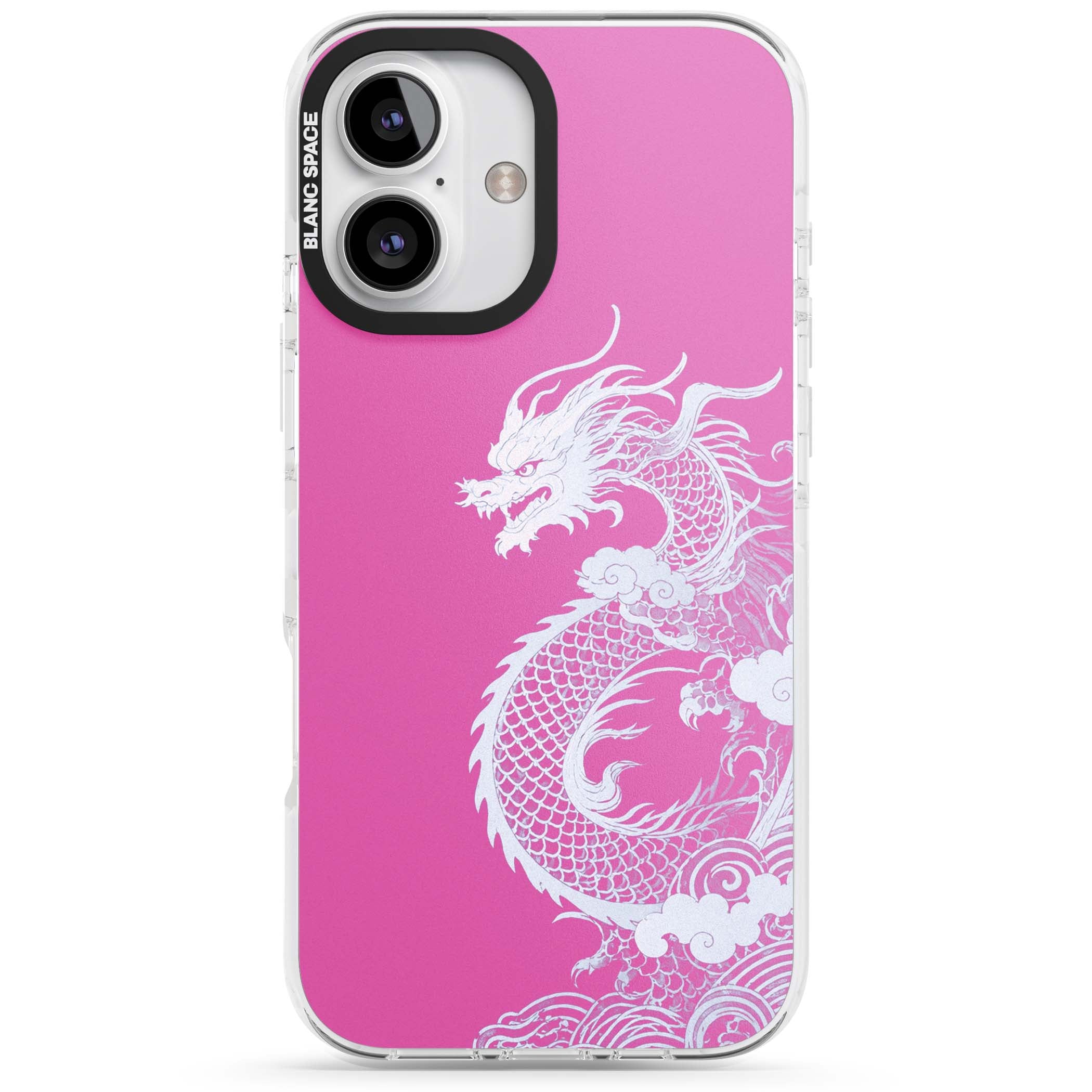 Pink Empress chinese dragon iPhone case featuring a white dragon, swirling clouds and pink dragon wallpaper backdrop | Impact Magsafe case for iPhone 16, iPhone 16 Plus