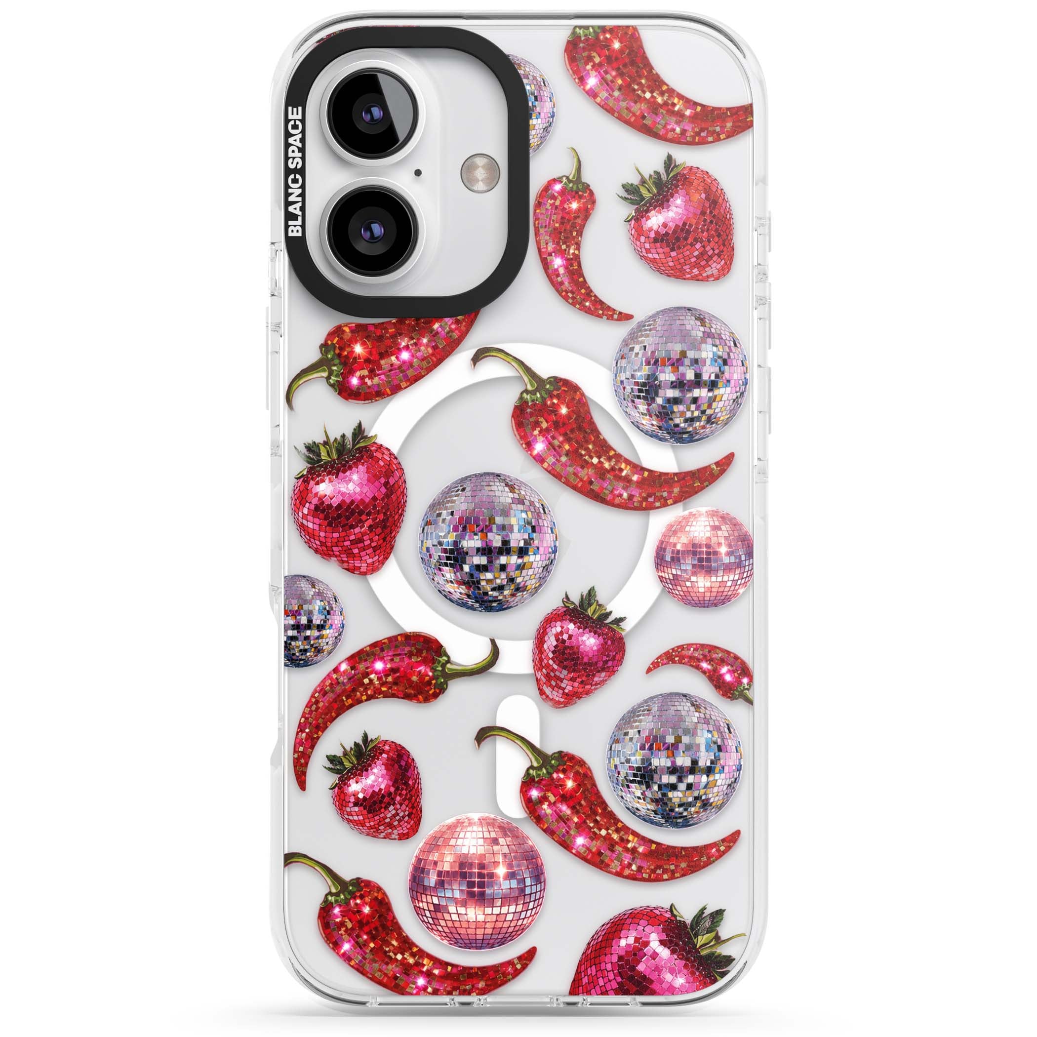 Spicy Disco Y2K iPhone case featuring glitter disco balls, sparkly strawberries and red chilli peppers | Impact Magsafe case for iPhone 16, iPhone 16 Plus