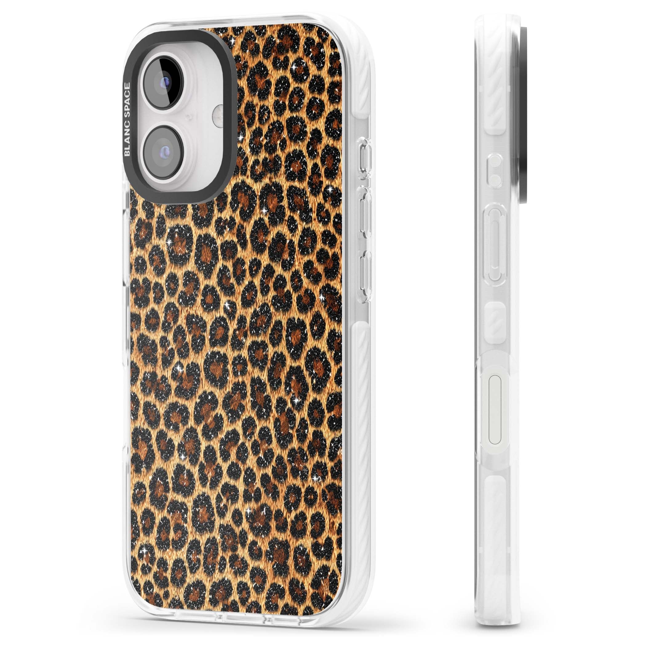 Diamond Leopard leopard print iPhone case featuring golden tan fur, black rosette spots and subtle glitter sparkle | Impact Magsafe case for iPhone 16, iPhone 16 Plus