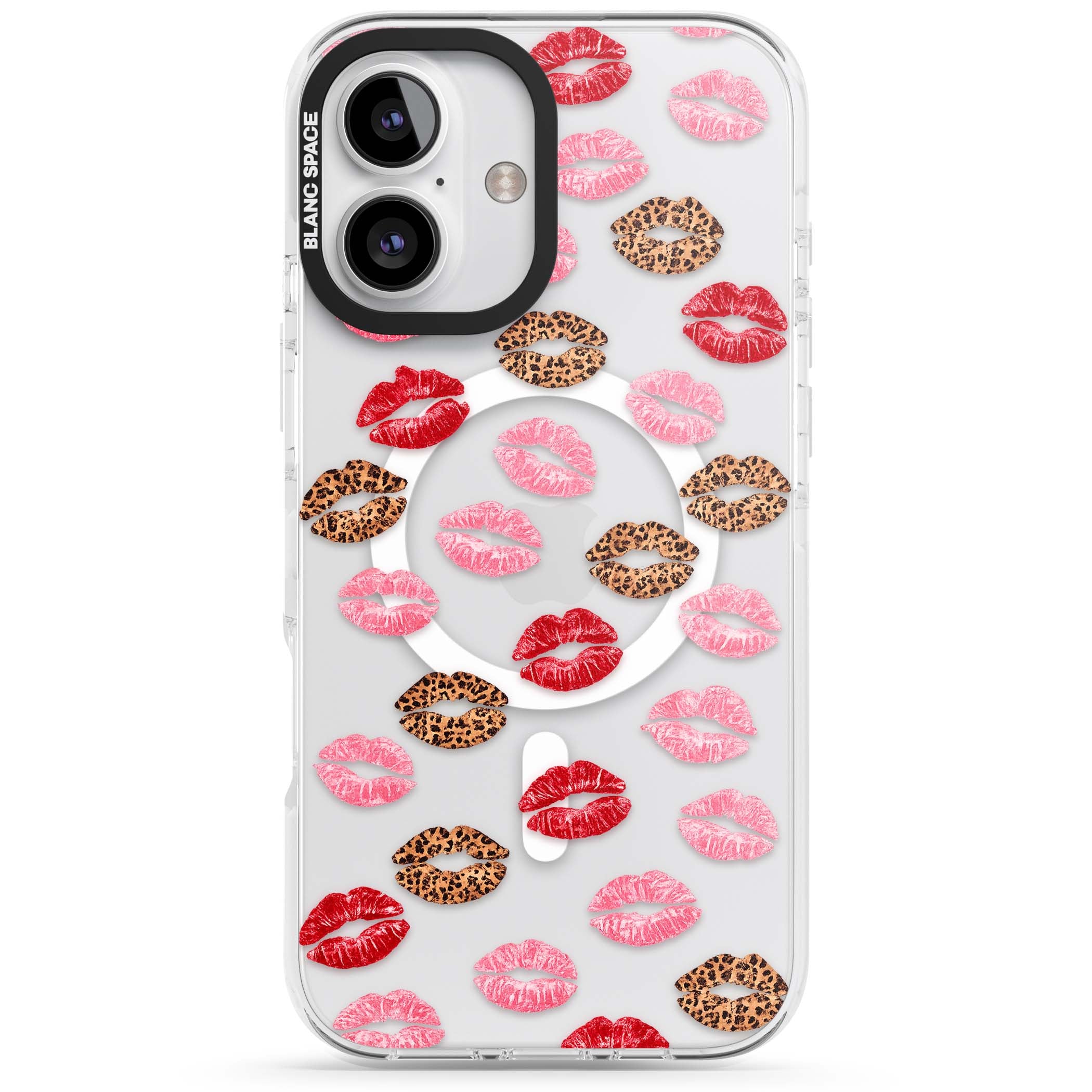 Wild Kisses coquette iPhone case featuring red, pink and leopard print lipstick kiss marks on a clear background | Impact Magsafe case for iPhone 16, iPhone 16 Plus