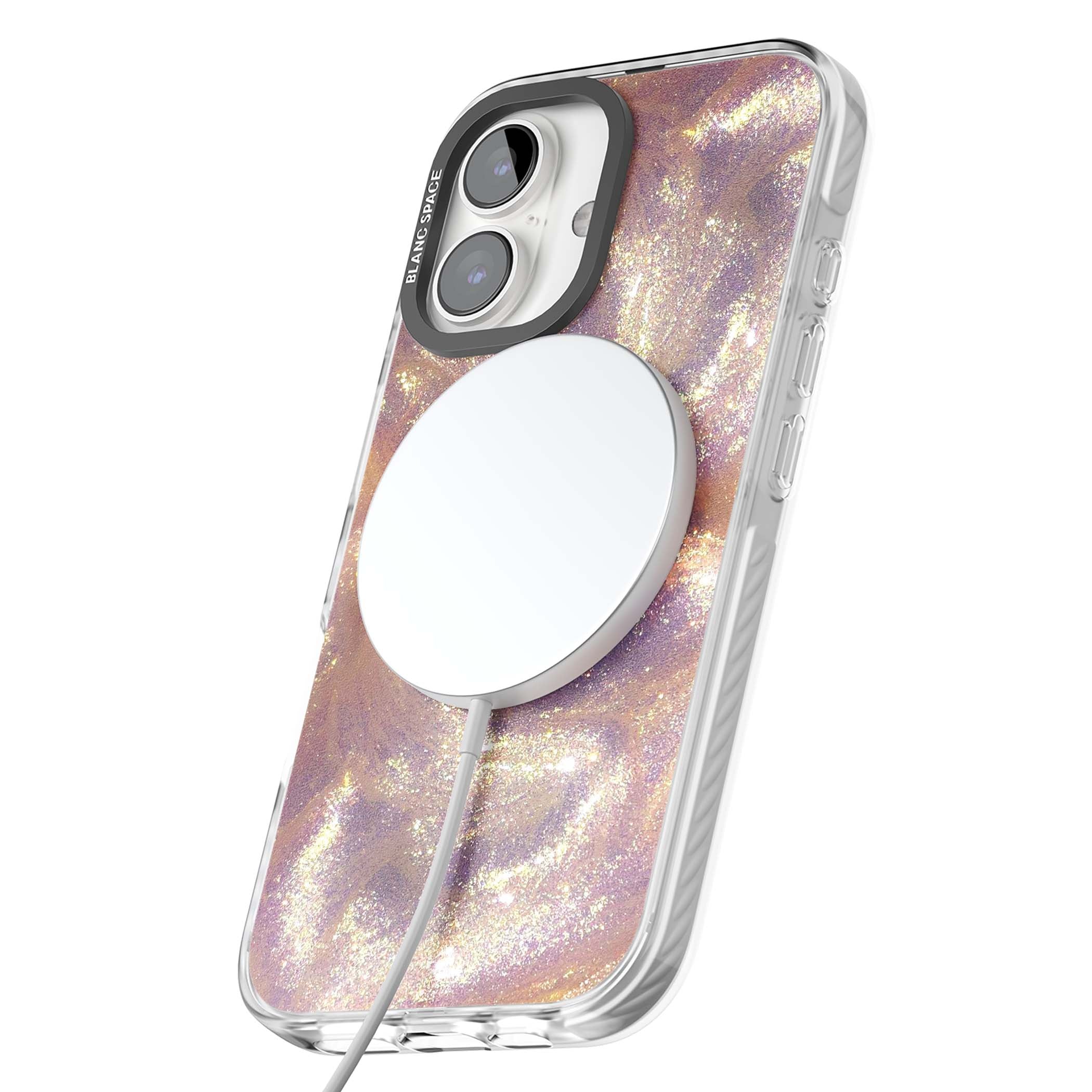 Shimmer marble iPhone case featuring rose gold glitter swirls, lilac shimmer and iridescent pearl finish | Impact Magsafe case for iPhone 16, iPhone 16 Plus