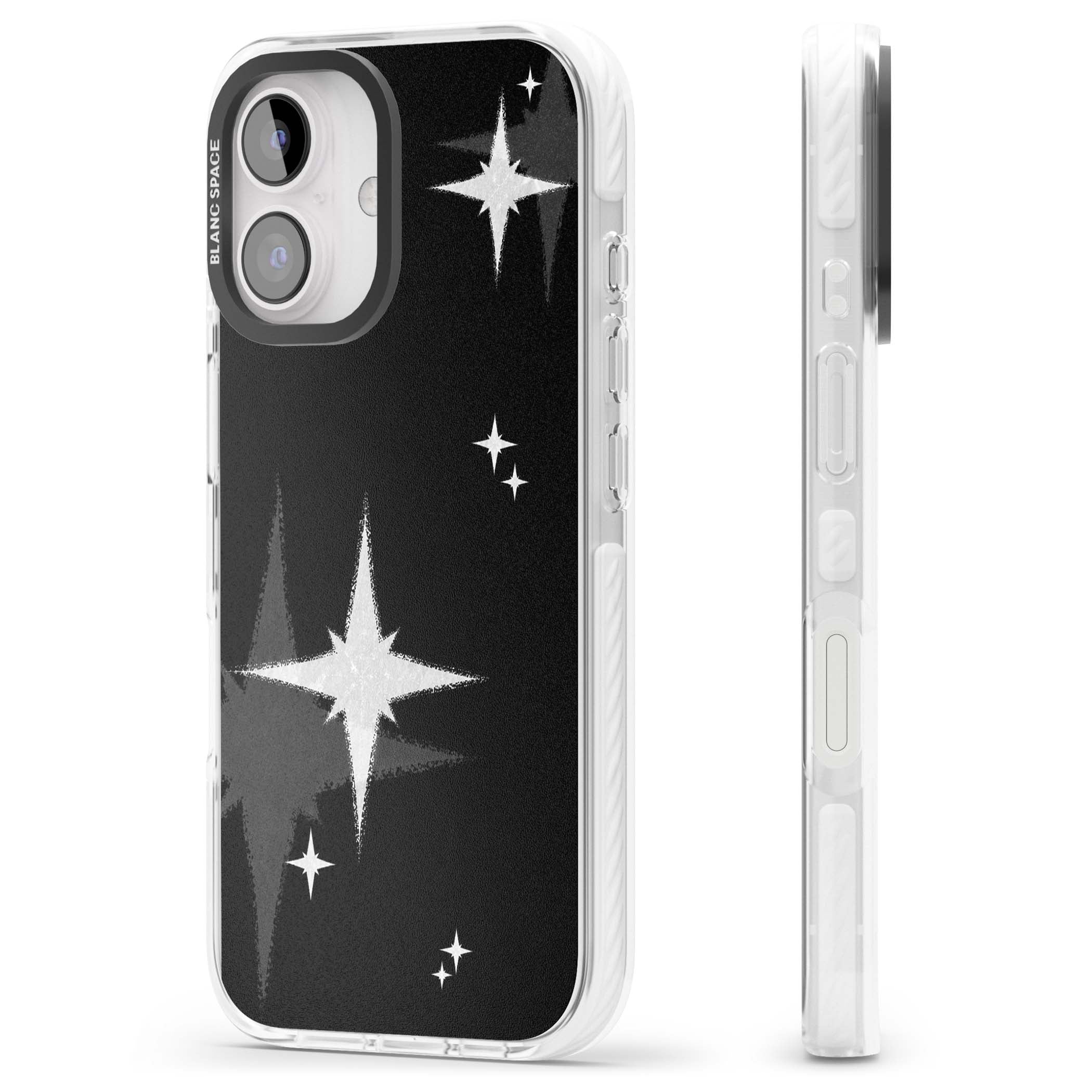 Black Sparkle celestial iPhone case featuring white sparkle stars on a black night sky background | Impact Magsafe case for iPhone 16, iPhone 16 Plus