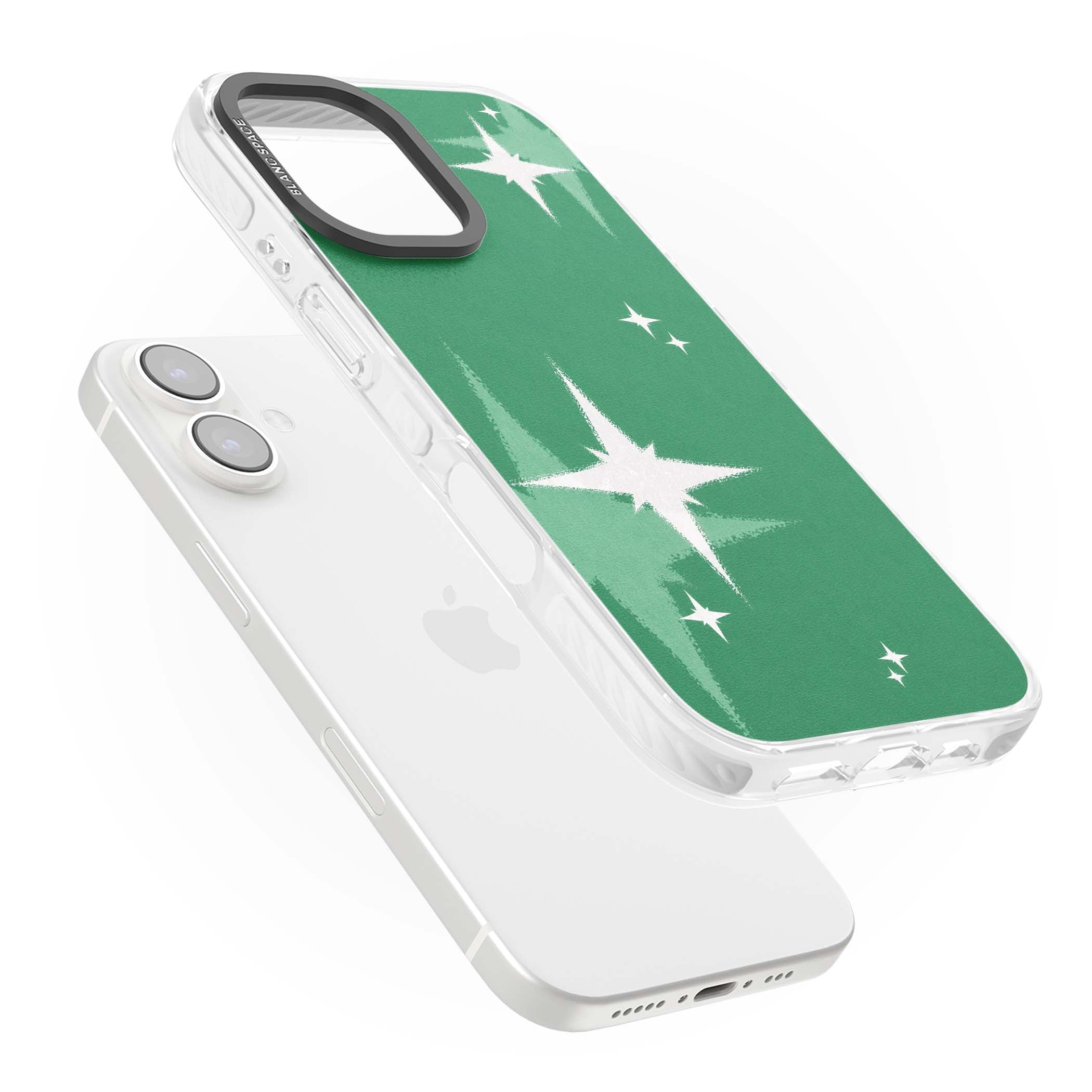 Green Sparkle celestial iPhone case featuring sparkling white four-point stars on a deep green background | Impact Magsafe case for iPhone 16, iPhone 16 Plus