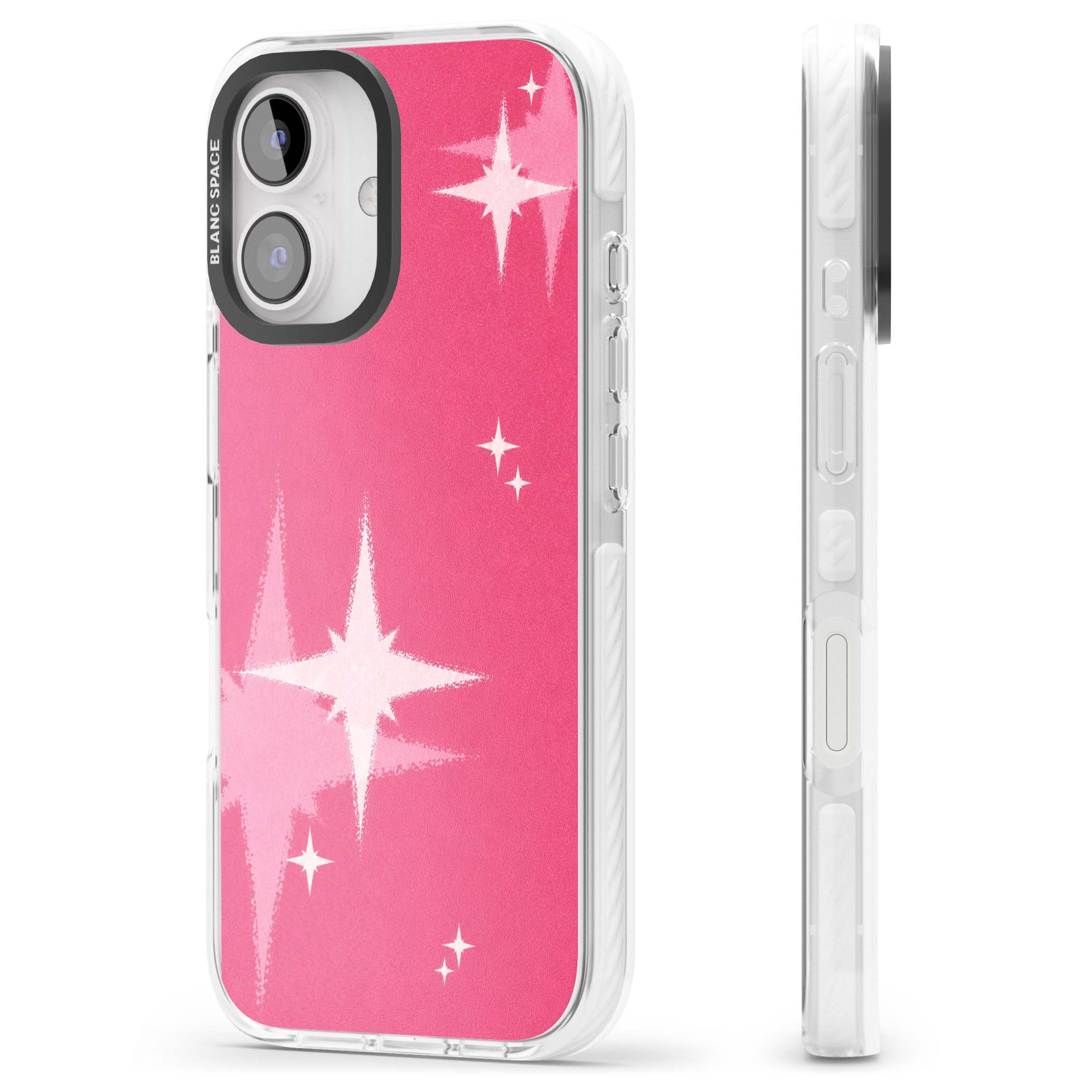 Pink Sparkle Y2K iPhone case featuring hot pink background with shimmering white starburst pattern | Impact Magsafe case for iPhone 16, iPhone 16 Plus