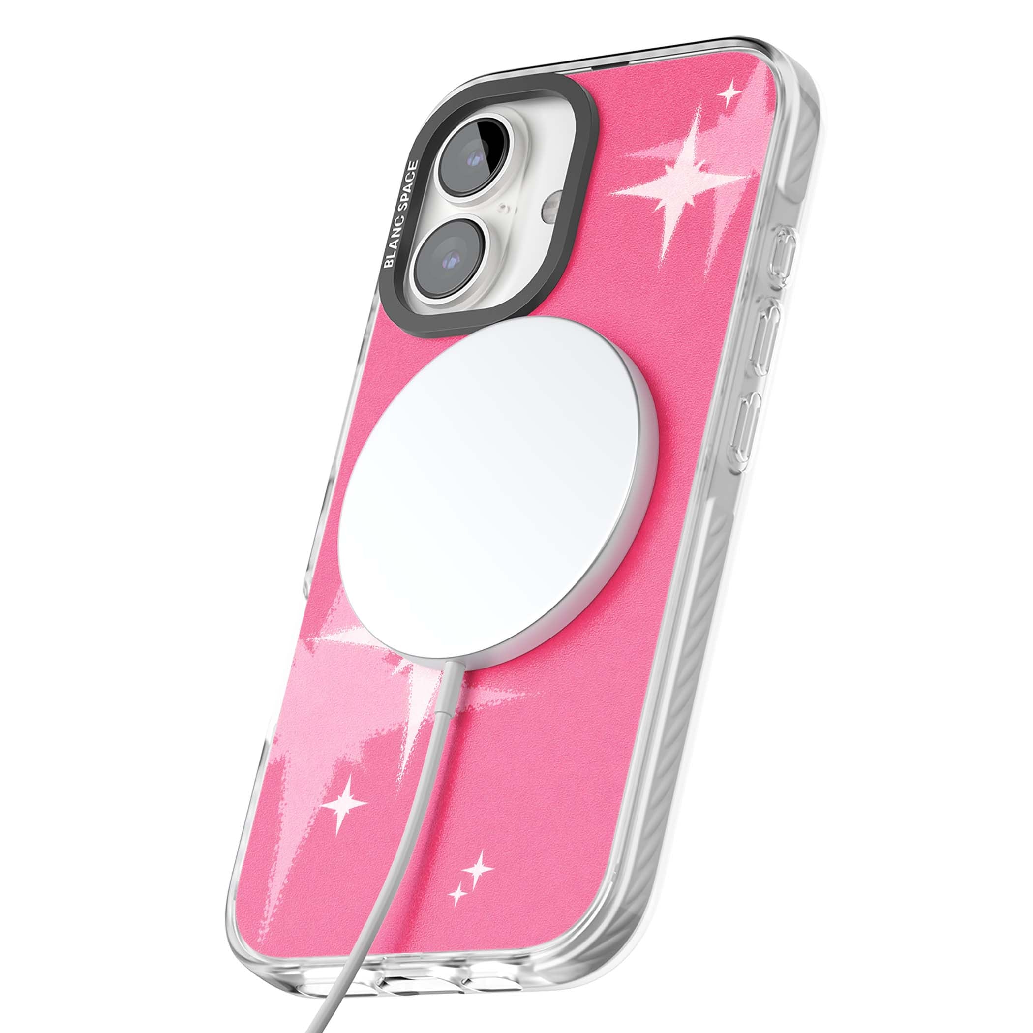 Pink Sparkle Y2K iPhone case featuring hot pink background with shimmering white starburst pattern | Impact Magsafe case for iPhone 16, iPhone 16 Plus