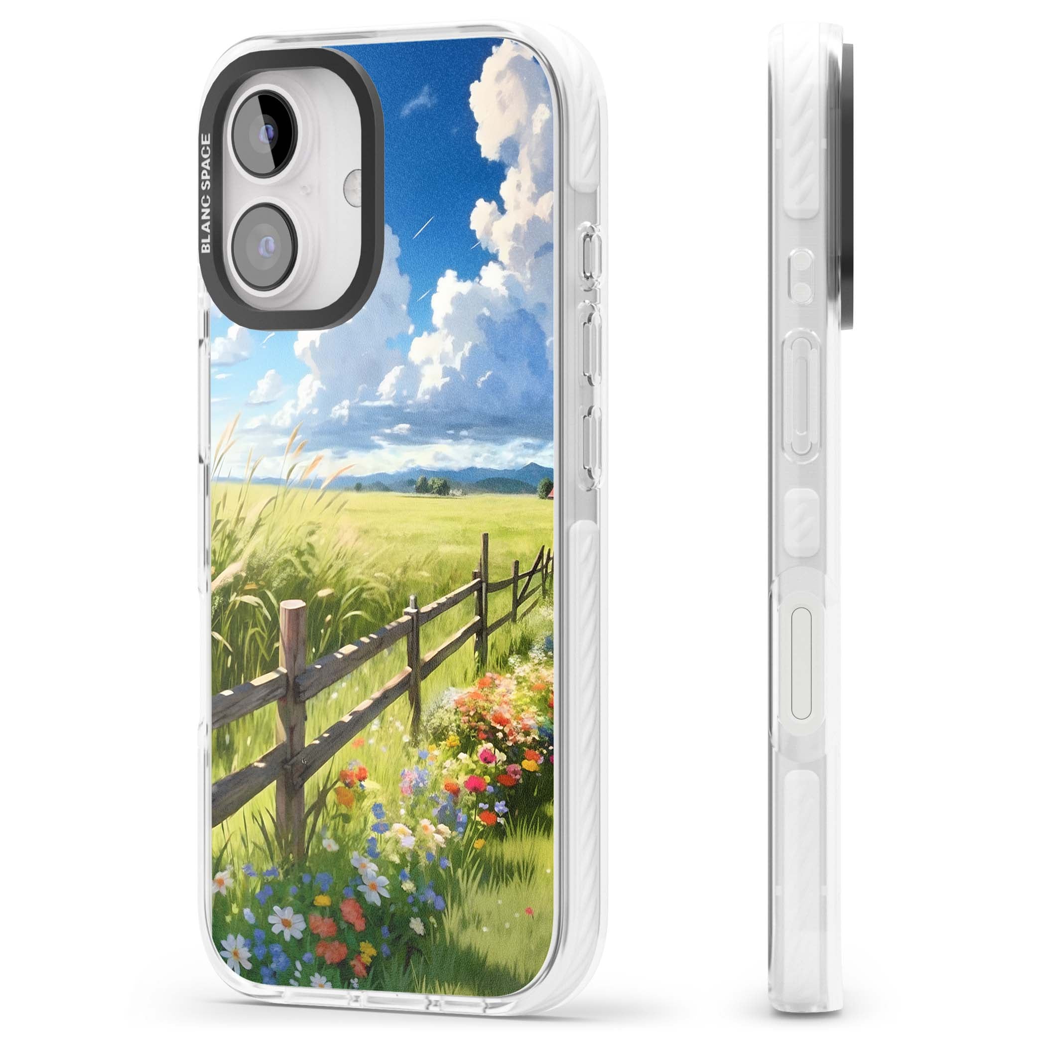 A Countryside Afternoon cottagecore iPhone case featuring a painted countryside meadow, wooden fence, and wildflowers beneath | Impact Magsafe case for iPhone 16, iPhone 16 Plus