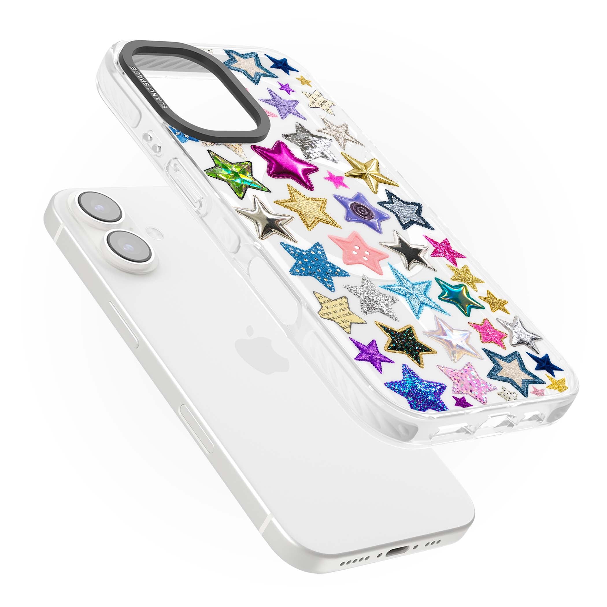 Crafty Star Mix Y2K iPhone case featuring embroidered, sequinned and glitter star patches in rainbow colours | Impact Magsafe case for iPhone 16, iPhone 16 Plus