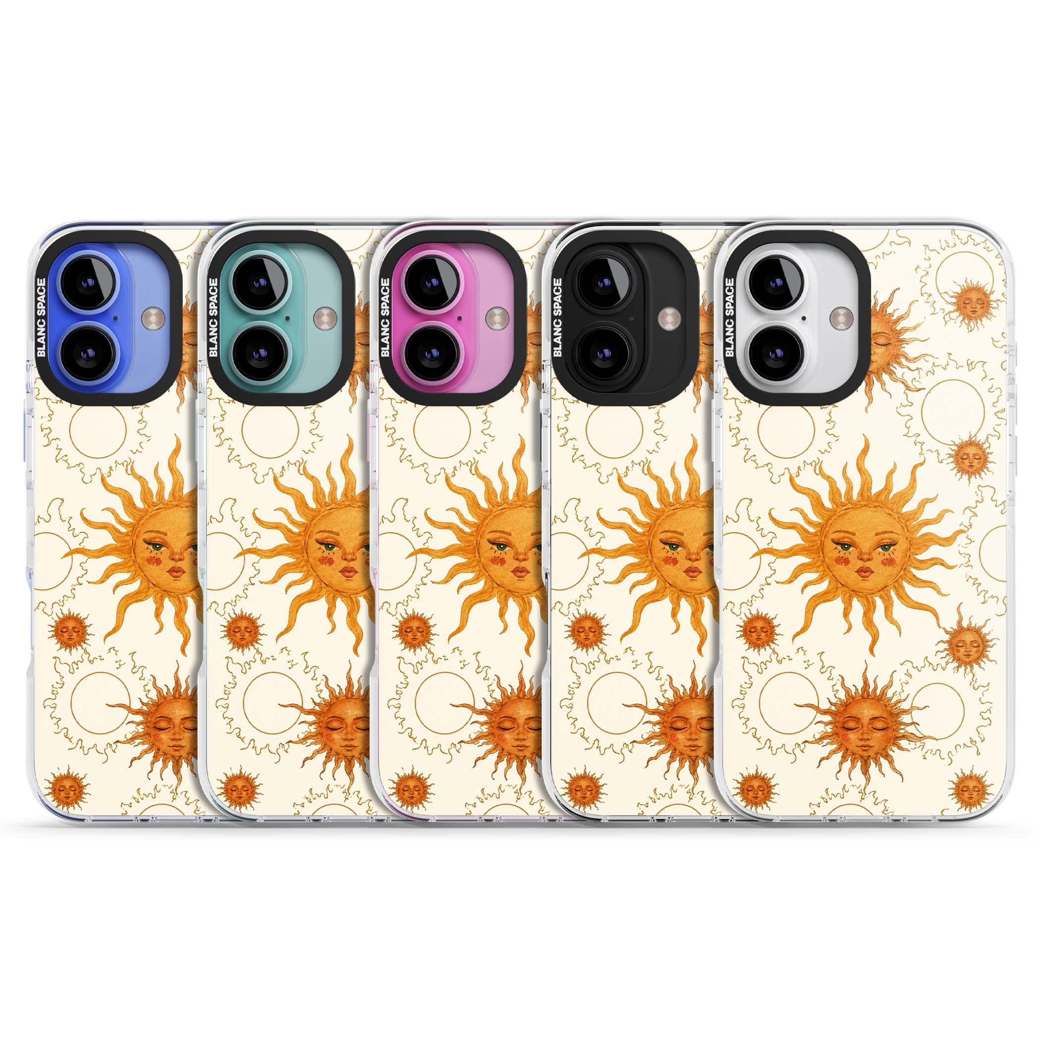 Solstice Muse celestial iPhone case featuring hand-painted golden sun faces, closed-eye sun goddesses and outlined moons... | Impact Magsafe case for iPhone 16, iPhone 16 Plus