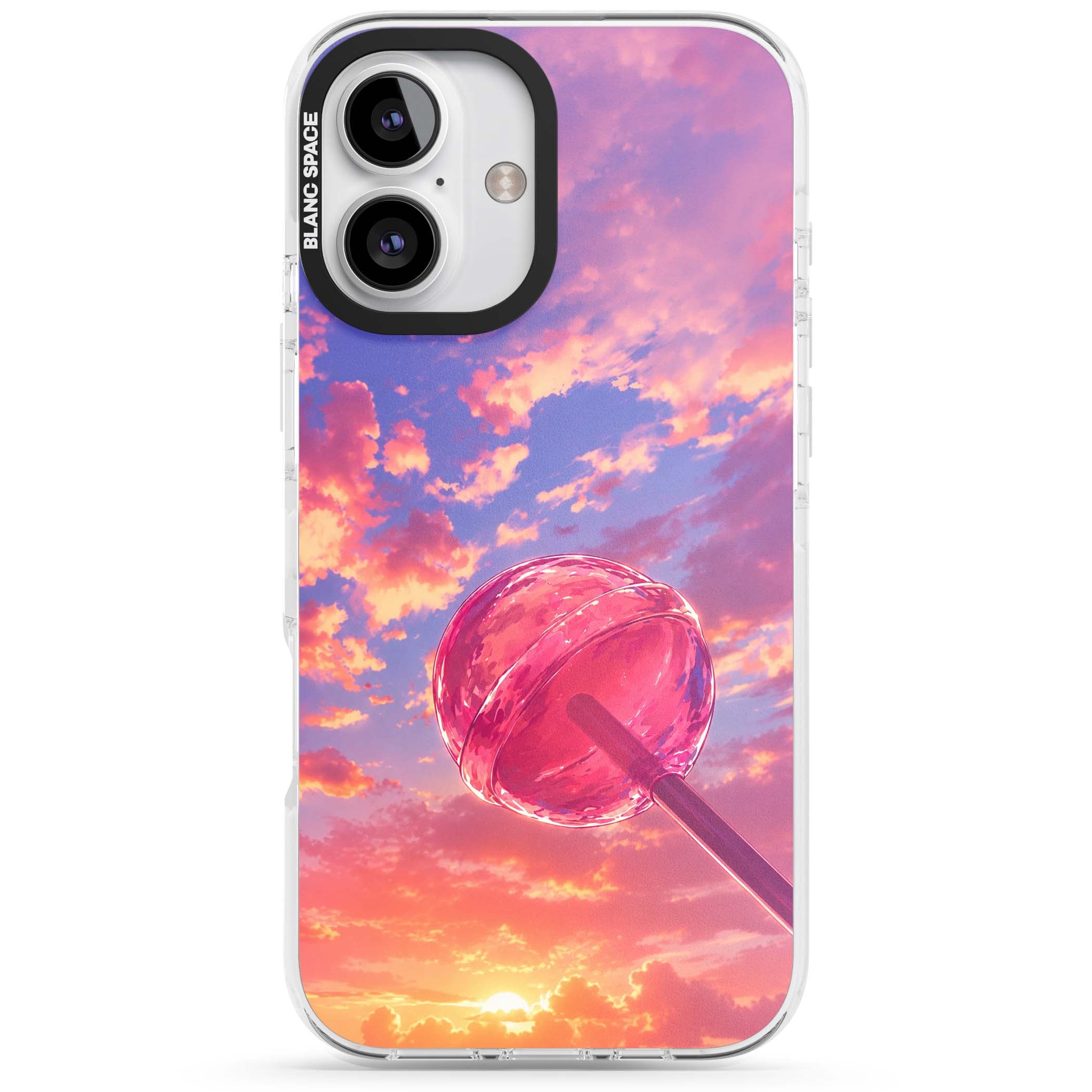 Sugar Sunset candy aesthetic iPhone case featuring a pink lollipop, pastel sunset sky and dreamy clouds | Impact Magsafe case for iPhone 16, iPhone 16 Plus