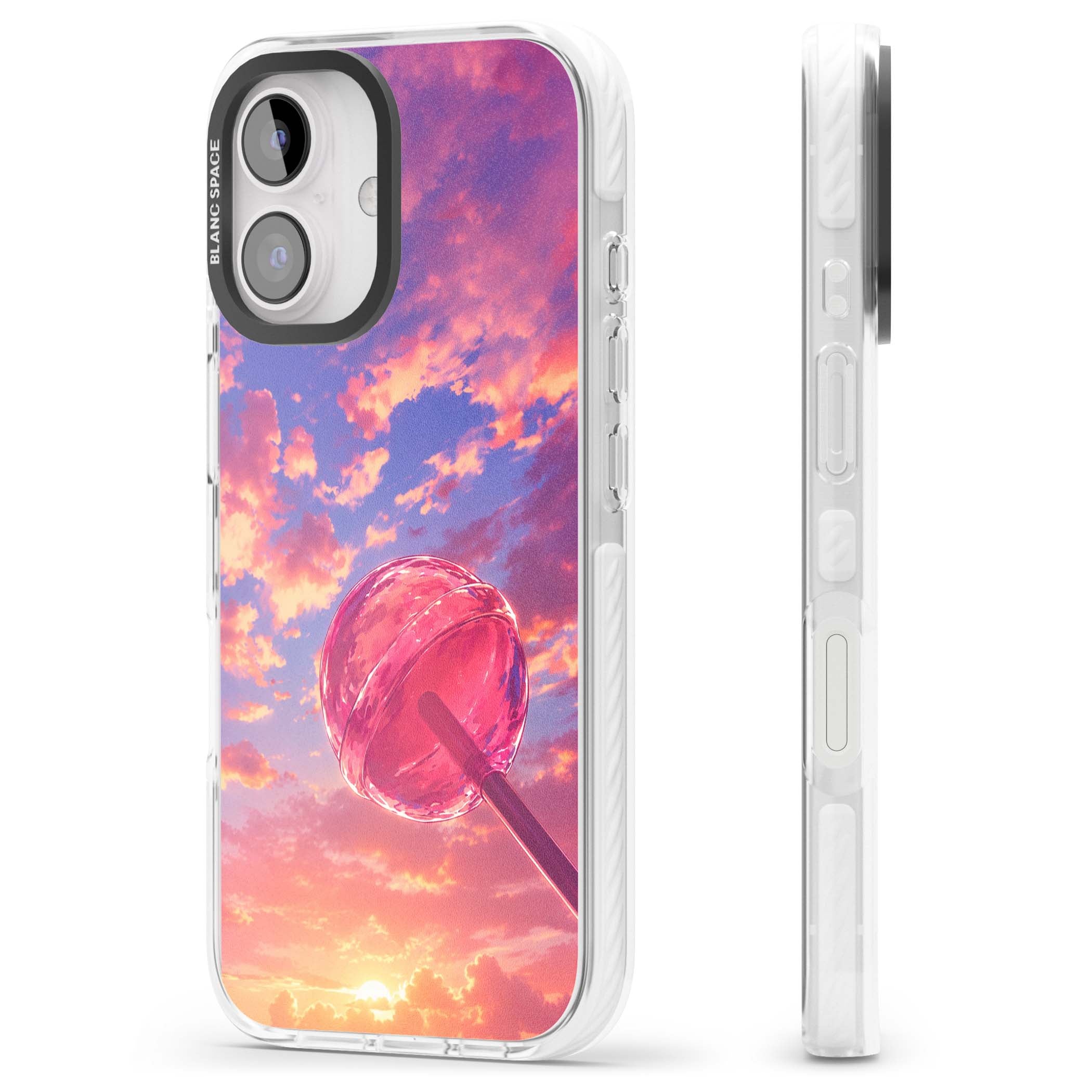 Sugar Sunset candy aesthetic iPhone case featuring a pink lollipop, pastel sunset sky and dreamy clouds | Impact Magsafe case for iPhone 16, iPhone 16 Plus