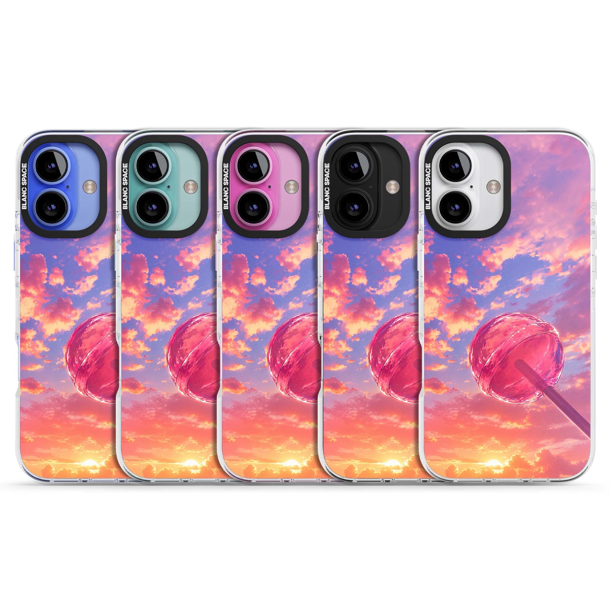 Sugar Sunset candy aesthetic iPhone case featuring a pink lollipop, pastel sunset sky and dreamy clouds | Impact Magsafe case for iPhone 16, iPhone 16 Plus