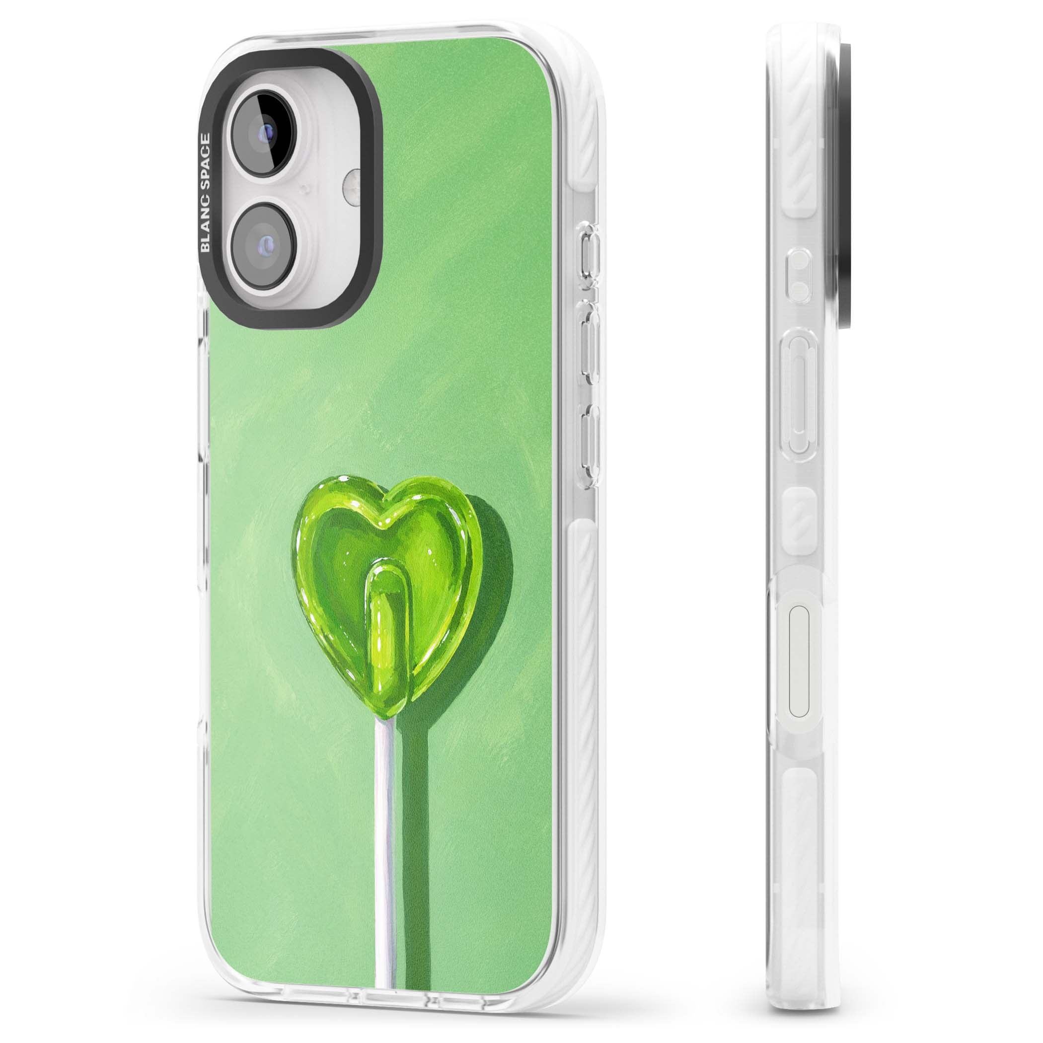 Green Lollipop candy art iPhone case featuring a glossy green heart-shaped lollipop on a painted pastel green background | Impact Magsafe case for iPhone 16, iPhone 16 Plus