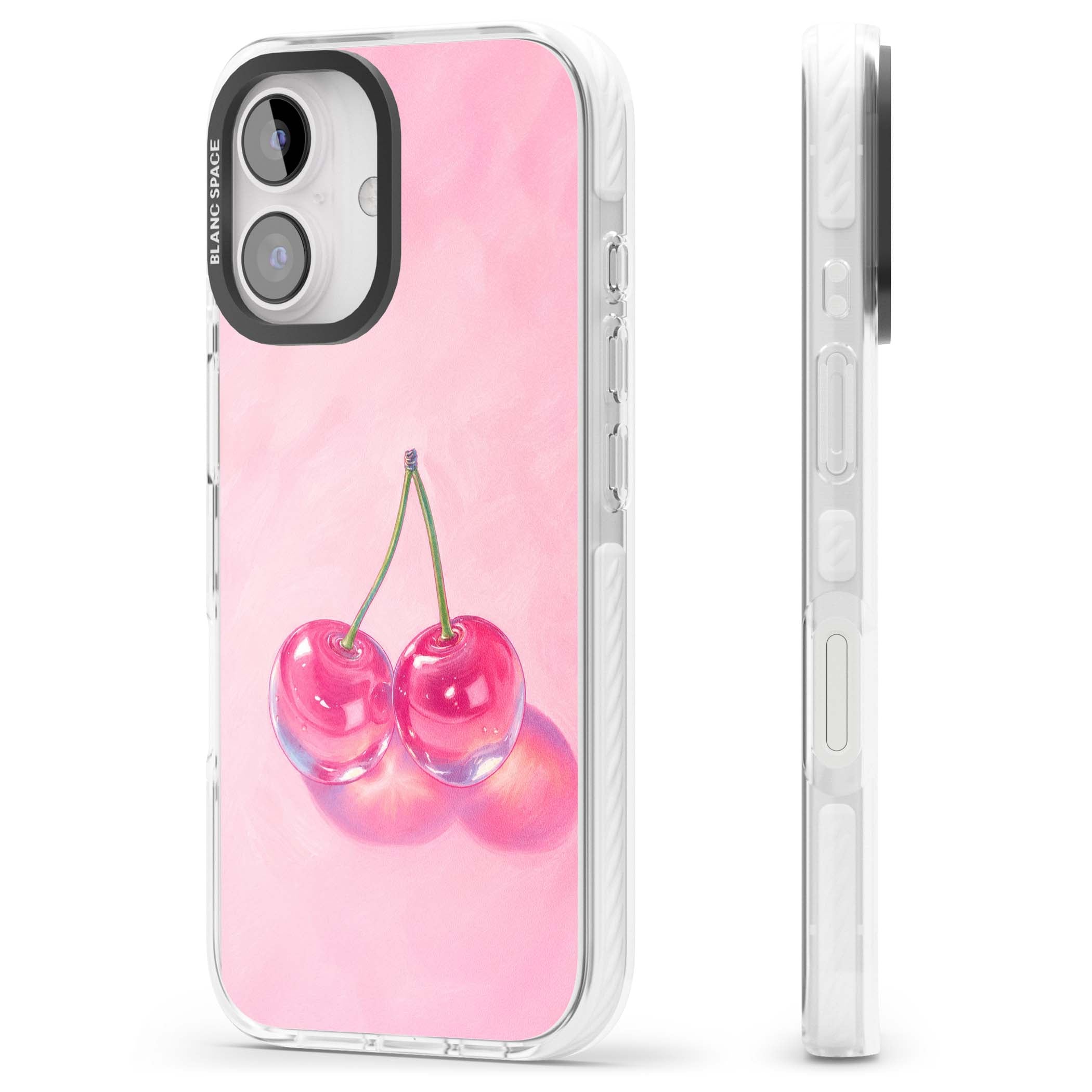 Pink Glass Cherry coquette iPhone case featuring two glossy painted cherries on a soft pink background | Impact Magsafe case for iPhone 16, iPhone 16 Plus