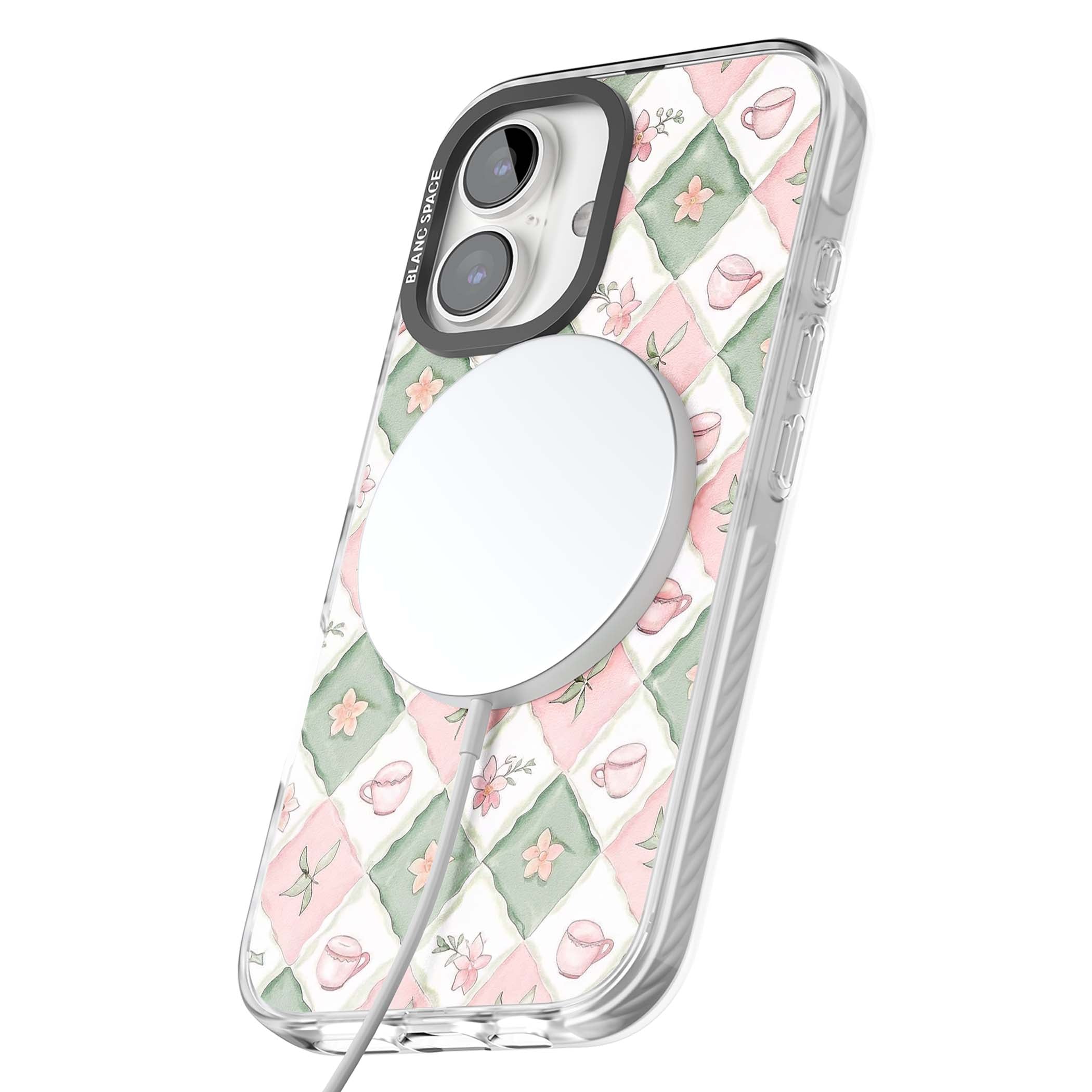Garden Tea Party coquette iPhone case with pink and green checkered pattern, watercolour teacups and wildflowers | Impact Magsafe case for iPhone 16, iPhone 16 Plus