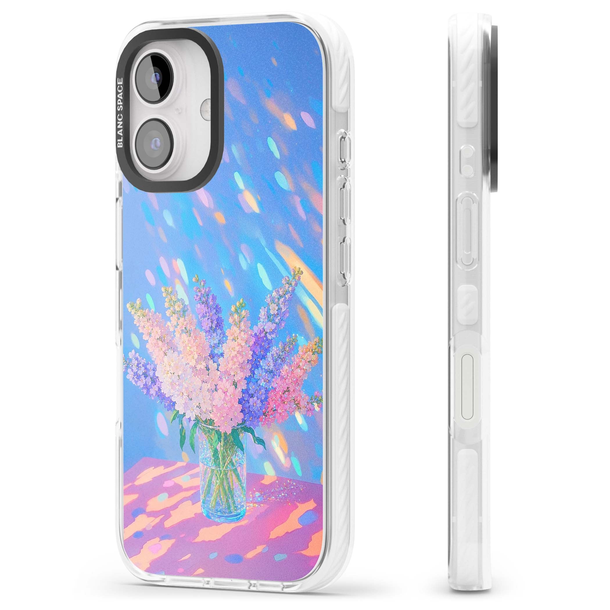 Bubblegum Flowers floral iPhone case featuring pastel lilac and pink bouquet in a glass vase with iridescent light | Impact Magsafe case for iPhone 16, iPhone 16 Plus