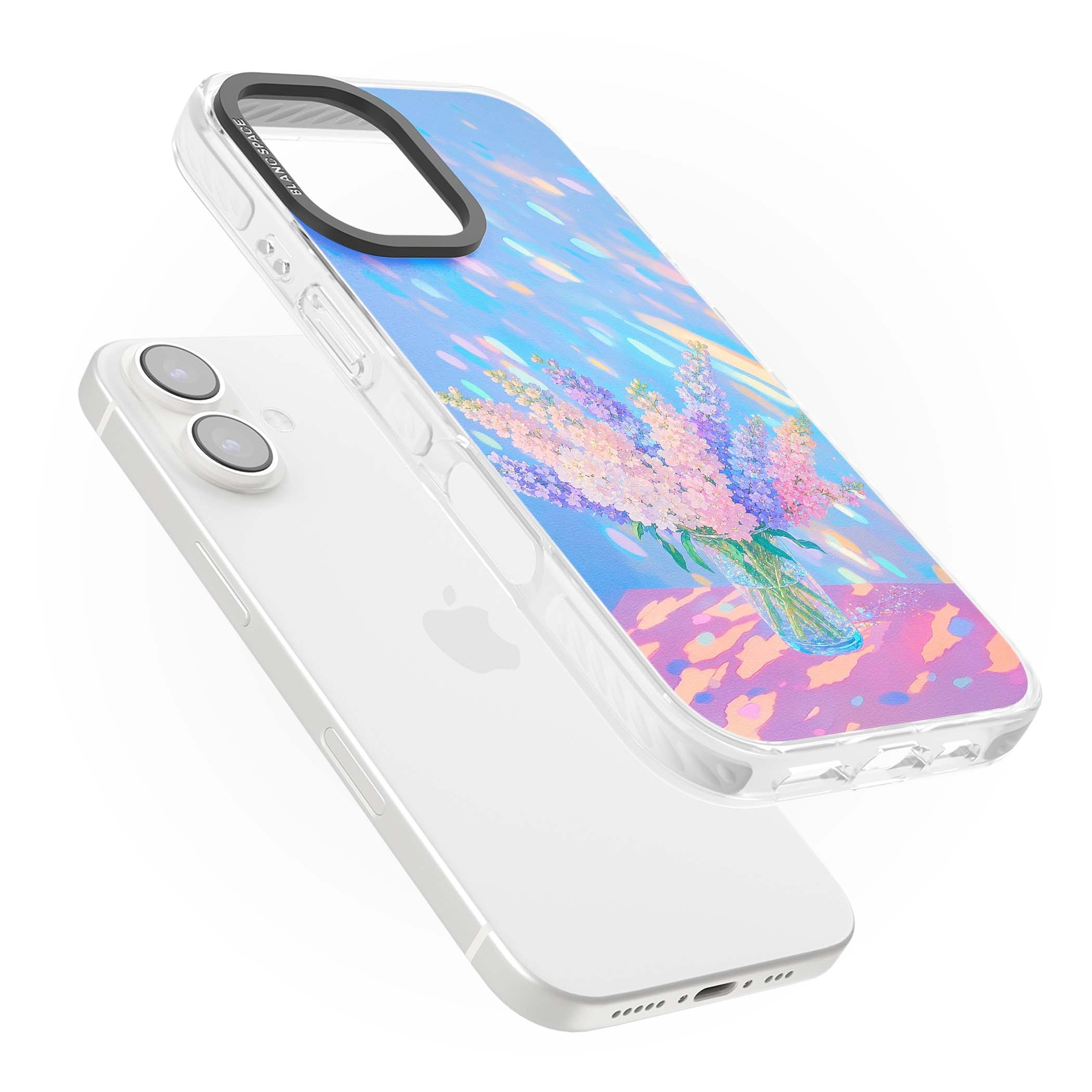 Bubblegum Flowers floral iPhone case featuring pastel lilac and pink bouquet in a glass vase with iridescent light | Impact Magsafe case for iPhone 16, iPhone 16 Plus