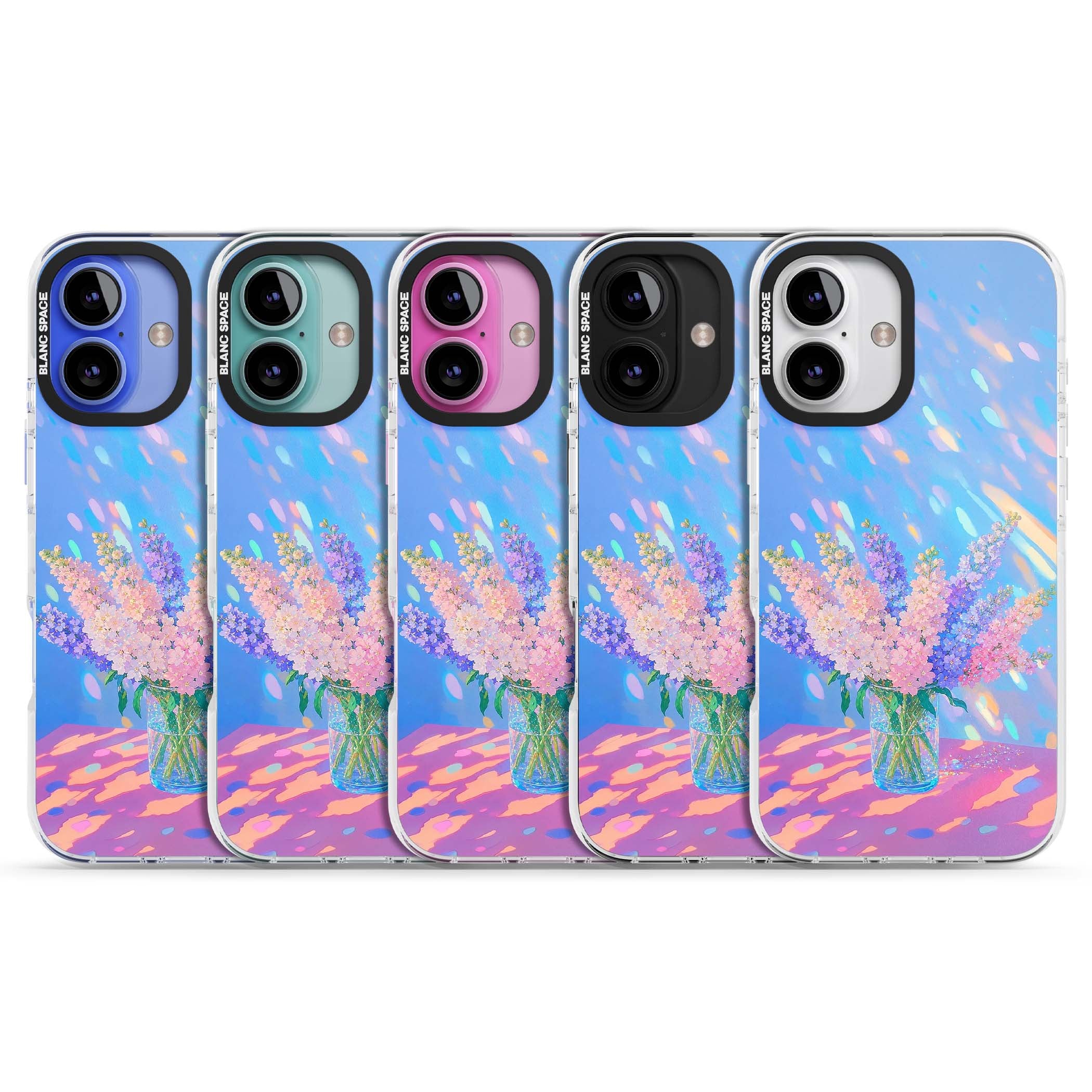Bubblegum Flowers floral iPhone case featuring pastel lilac and pink bouquet in a glass vase with iridescent light | Impact Magsafe case for iPhone 16, iPhone 16 Plus