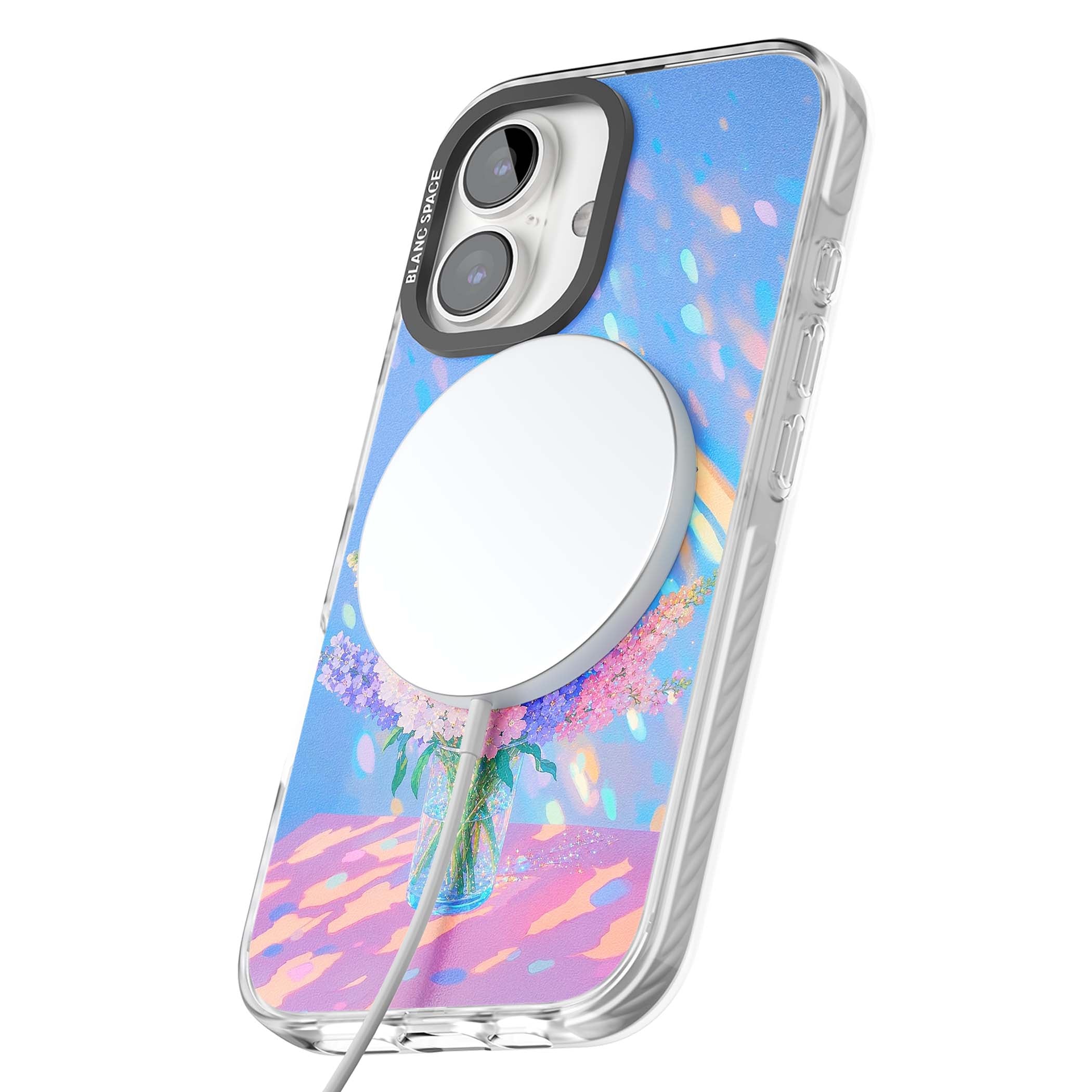Bubblegum Flowers floral iPhone case featuring pastel lilac and pink bouquet in a glass vase with iridescent light | Impact Magsafe case for iPhone 16, iPhone 16 Plus