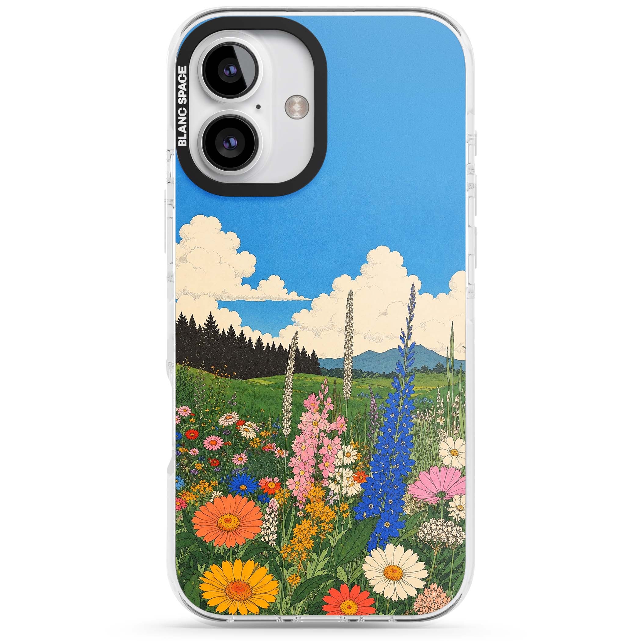 Wildbloom wildflower iPhone case featuring a vintage Japanese-style meadow landscape with daisies, delphiniums and moun | Impact Magsafe case for iPhone 16, iPhone 16 Plus