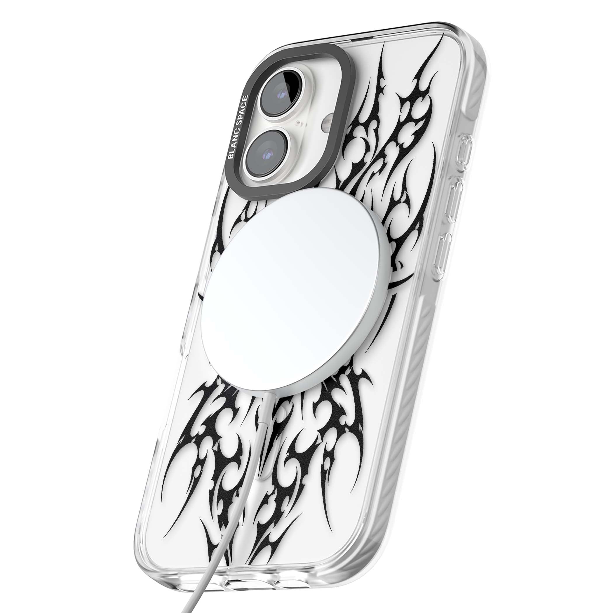 Neo Tribal Heart gothic iPhone case featuring symmetrical black tribal tattoo art with sharp thorn-like linework | Impact Magsafe case for iPhone 16, iPhone 16 Plus
