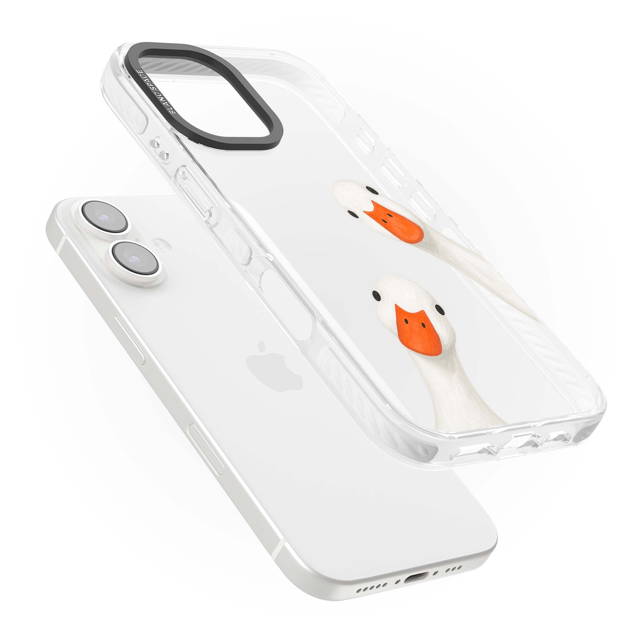 Nosy Ducks cottagecore iPhone case featuring two peeking white ducks with orange beaks on a clear background | Clear Impact case for iPhone 16, iPhone 16 Plus