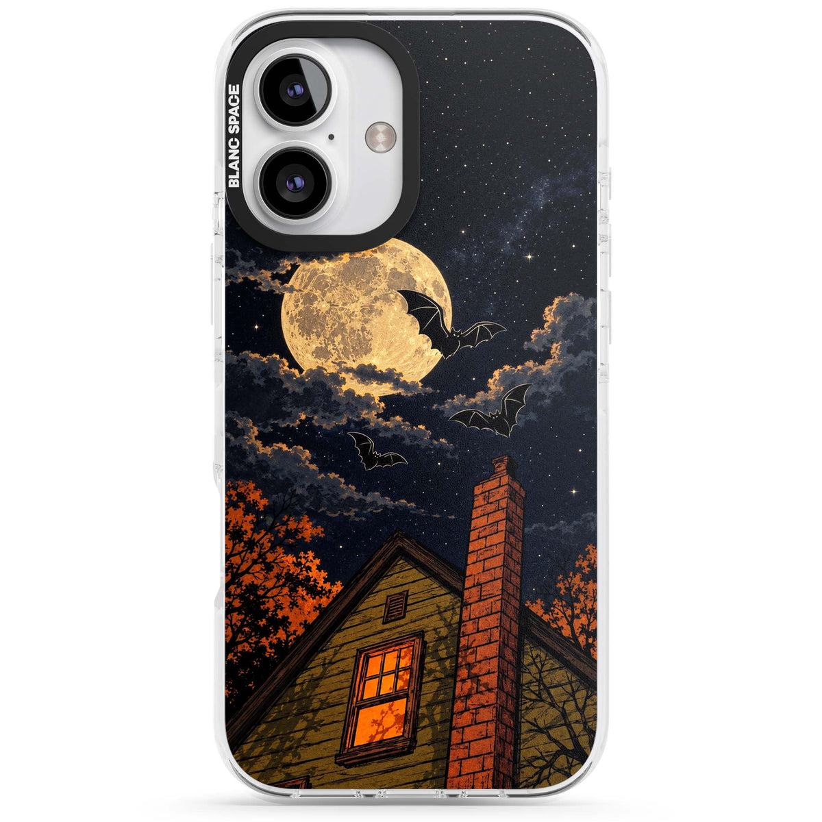Hollows Eve Halloween iPhone case featuring a haunted house, full moon and flying bats against a starry autumn sky | Clear Impact case for iPhone 16, iPhone 16 Plus