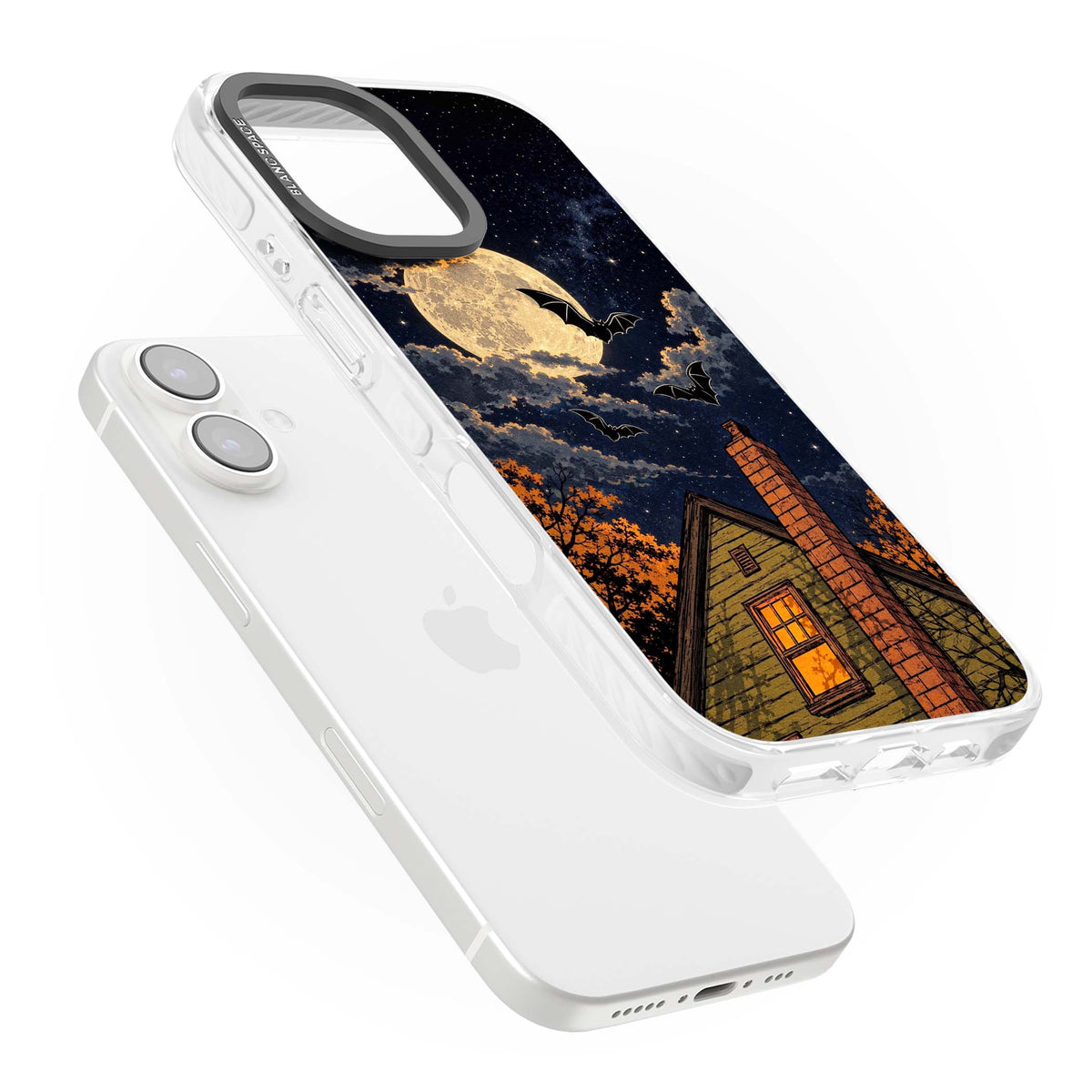 Hollows Eve Halloween iPhone case featuring a haunted house, full moon and flying bats against a starry autumn sky | Clear Impact case for iPhone 16, iPhone 16 Plus