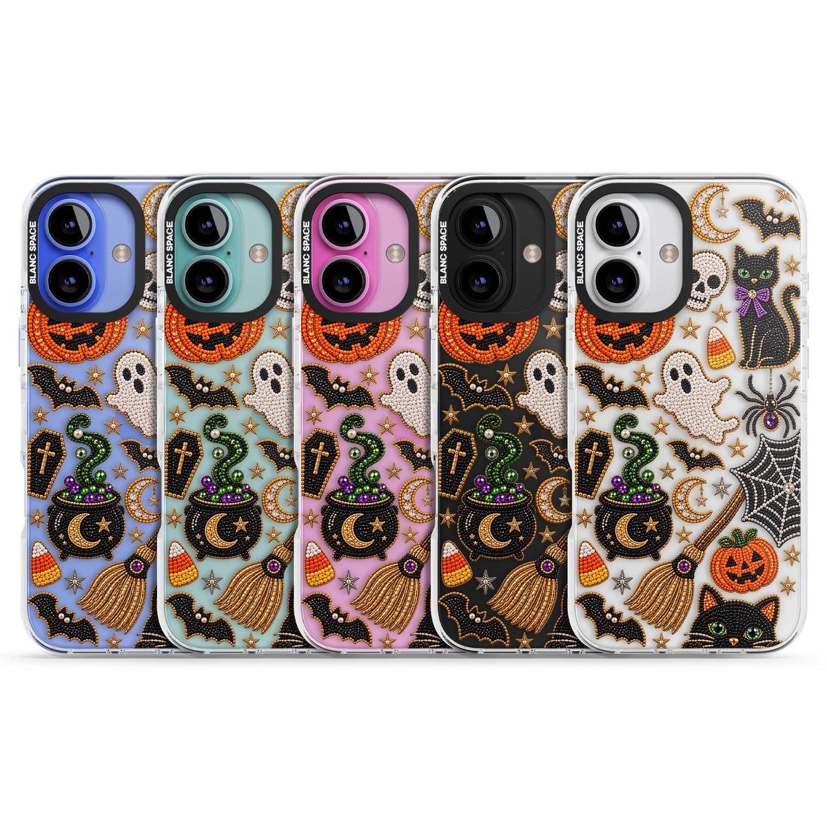 Beaded Halloween Halloween iPhone case featuring beaded pumpkins, ghosts, black cats and bats | Clear Impact case for iPhone 16, iPhone 16 Plus