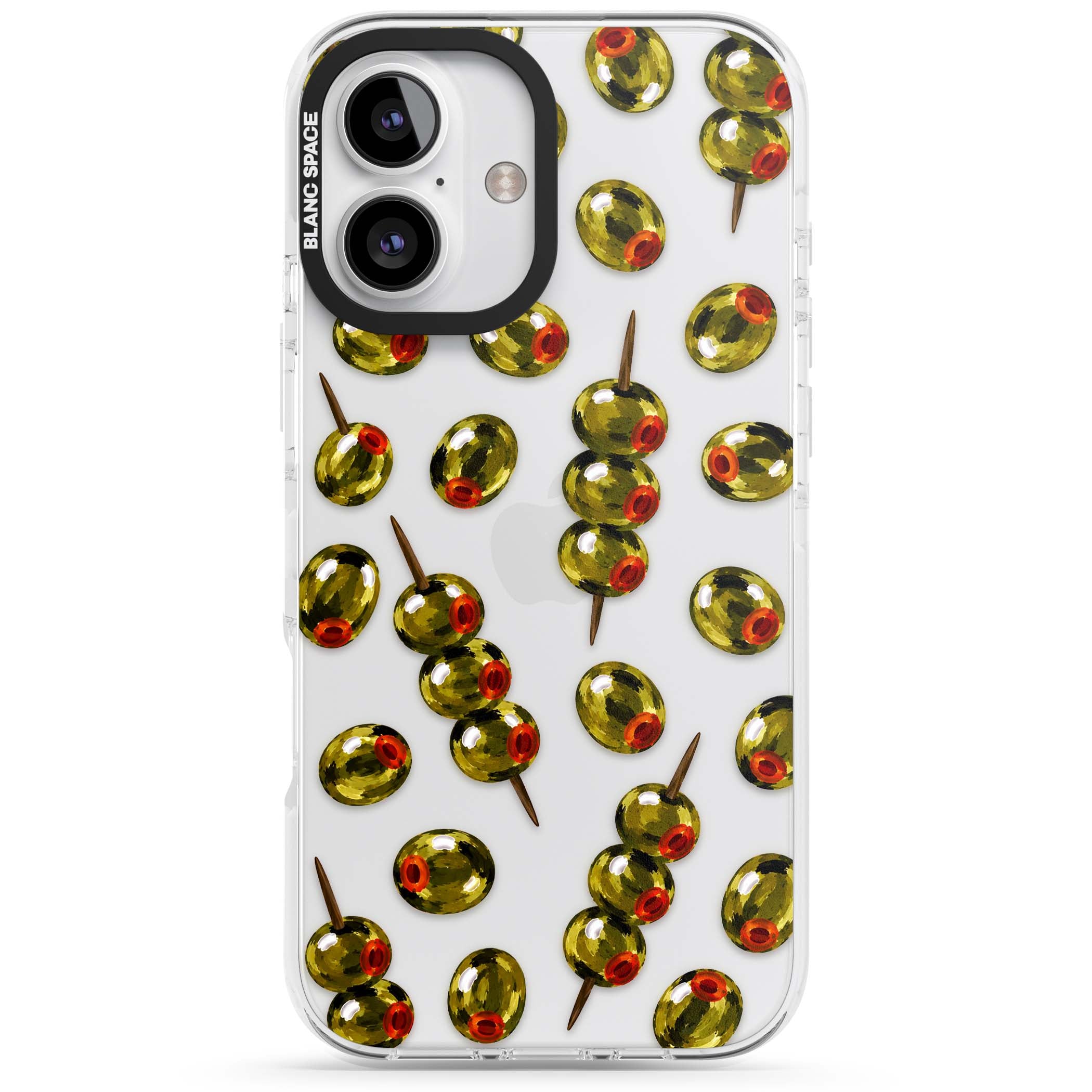 Painted Olives cocktail iPhone case featuring green olives, pimento centres and toothpick skewers on a clear background | Clear Impact case for iPhone 16, iPhone 16 Plus