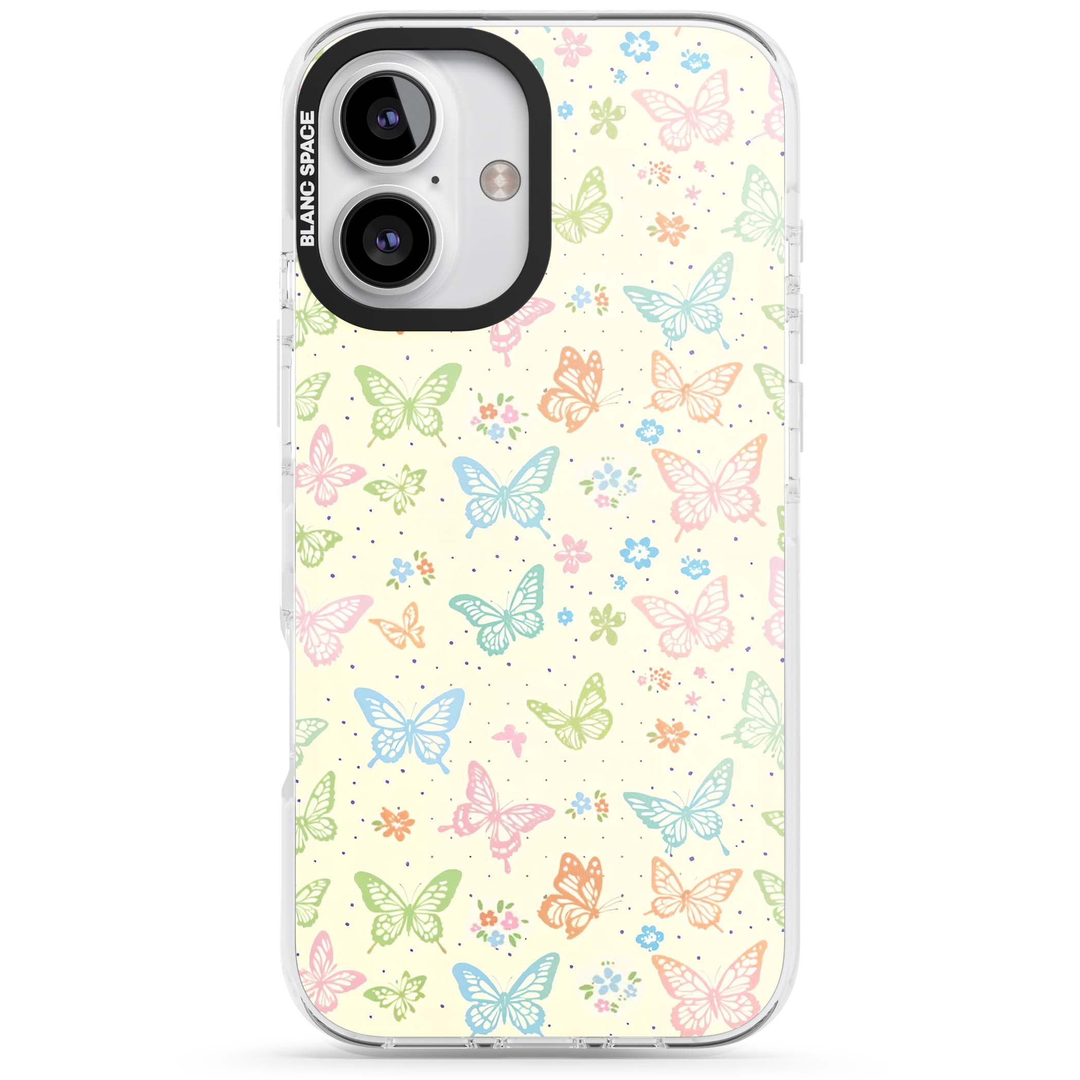 Sugar Wings cottagecore iPhone case featuring rainbow pastel butterflies, tiny wildflowers, and a cream background | Clear Impact case for iPhone 16, iPhone 16 Plus
