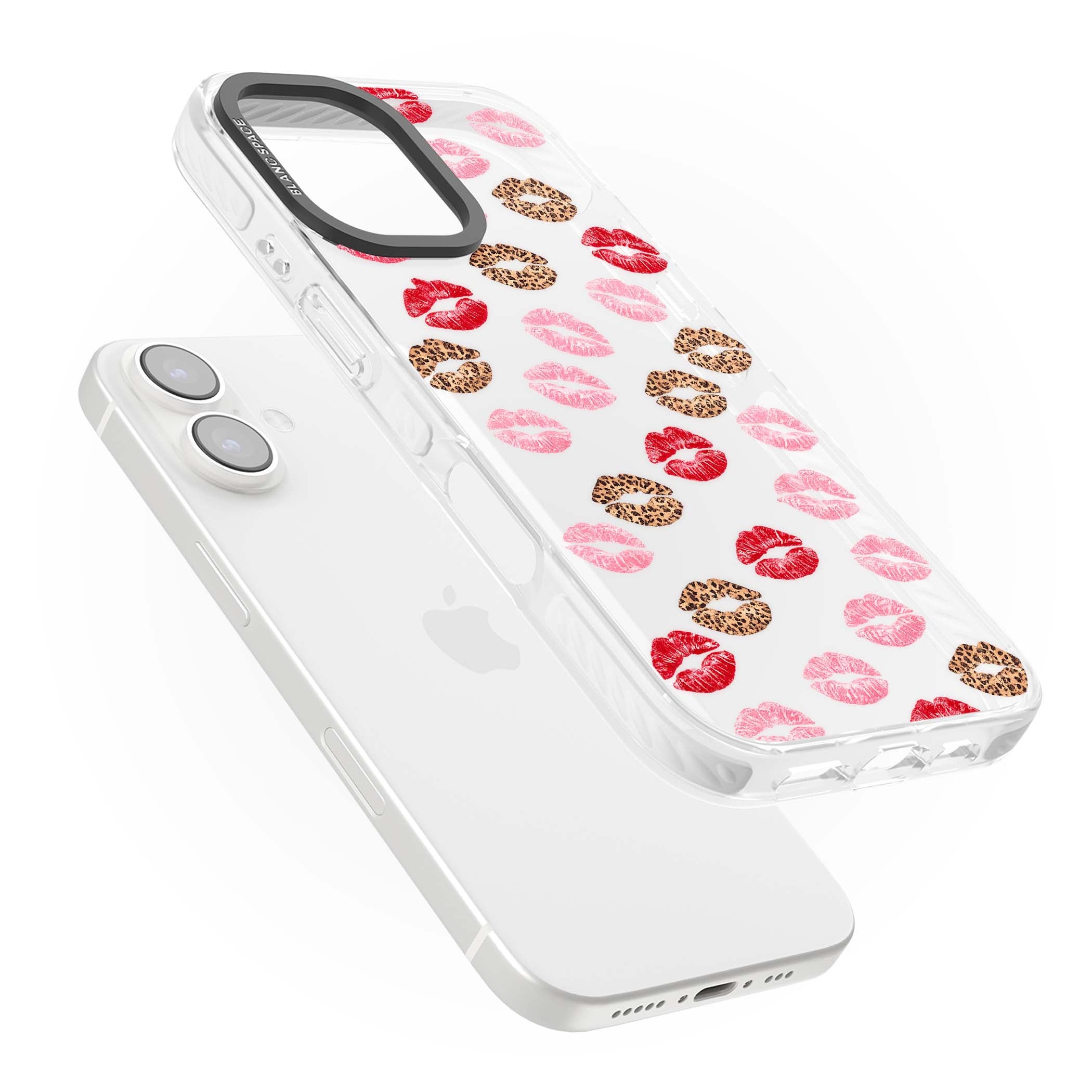 Wild Kisses coquette iPhone case featuring red, pink and leopard print lipstick kiss marks on a clear background | Clear Impact case for iPhone 16, iPhone 16 Plus